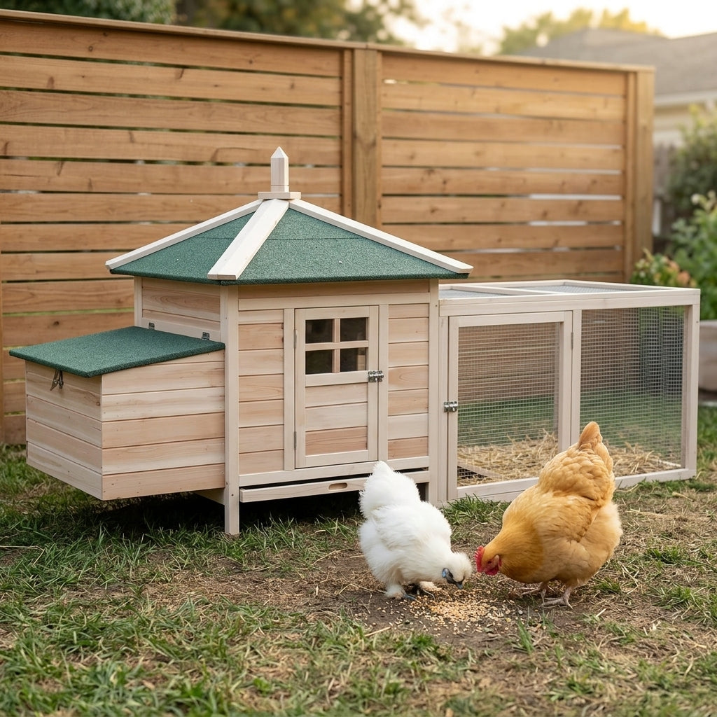 77" Wooden Chicken Coop with Nesting Box, Cute Outdoor Hen House with Removable Tray, Ramp Run, for Garden Backyard, Natural