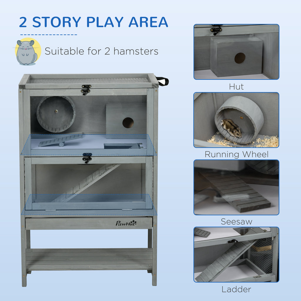 Wooden Hamster Cage with Storage Shelf, Large Rat Mouse Habitat Including Seesaw, Small Animal Cage with Sliding Tray, Wide Ramp for Racing, Running Wheel, 35.5" H
