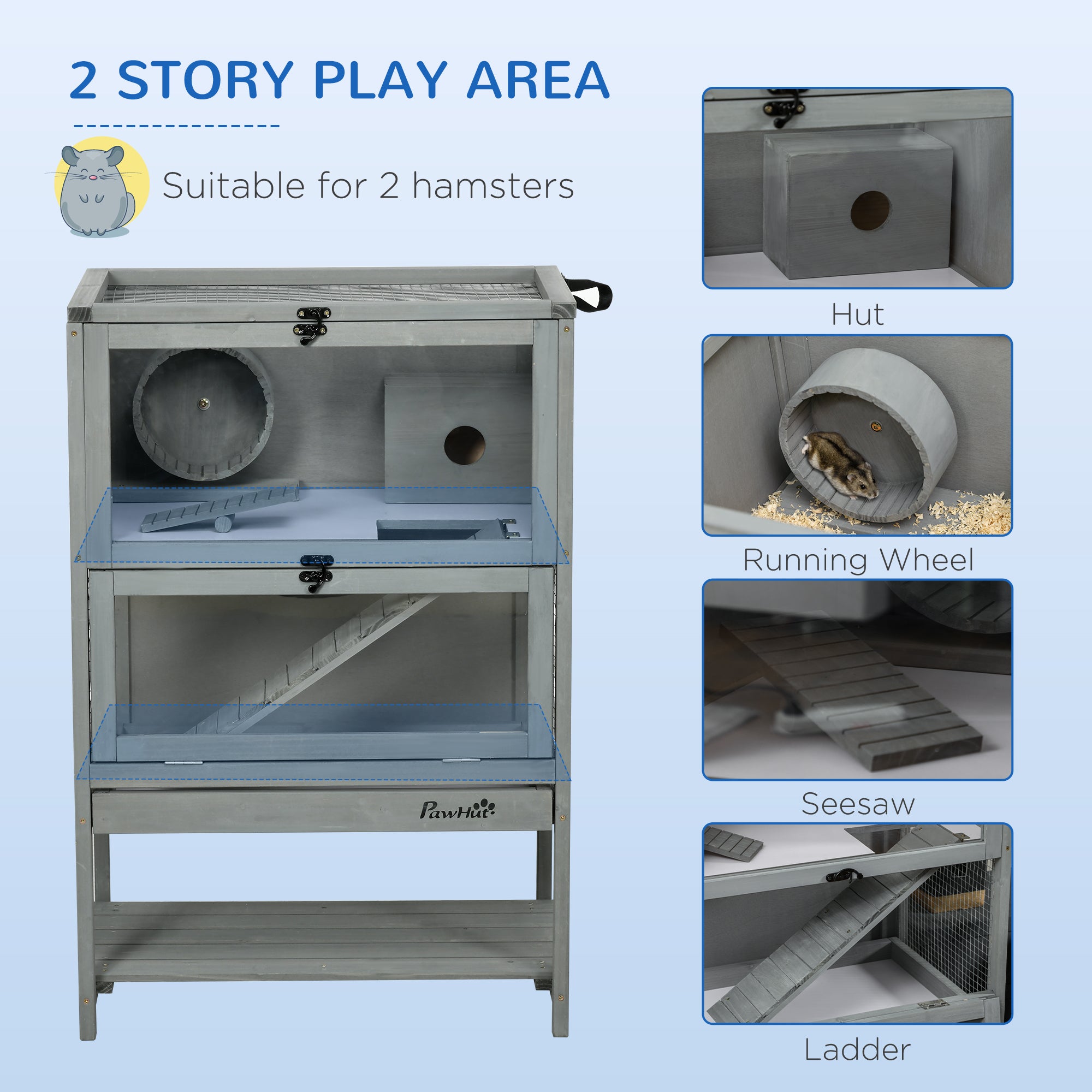 Wooden Hamster Cage with Storage Shelf, Large Rat Mouse Habitat Including Seesaw, Small Animal Cage with Sliding Tray, Wide Ramp for Racing, Running Wheel, 35.5" H