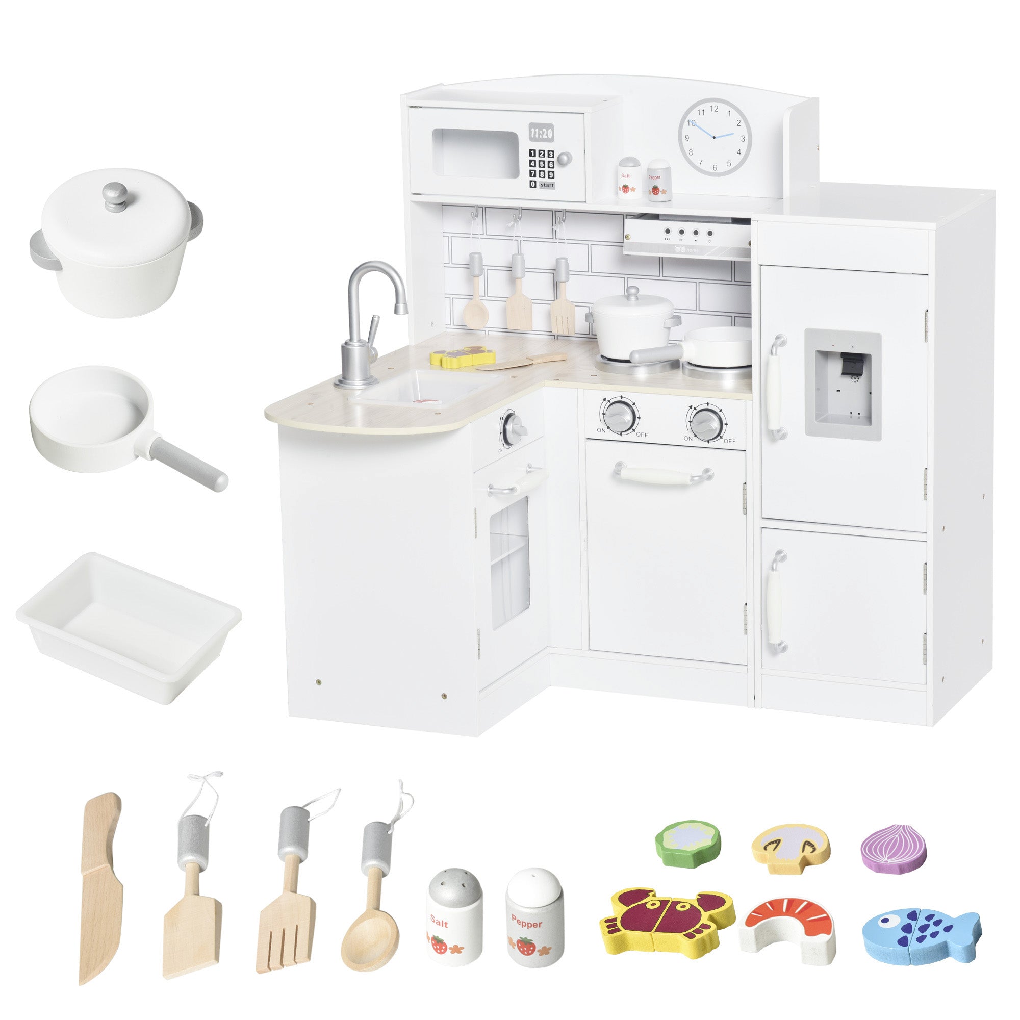 Corner Kids Kitchen Playset, Wooden Pretend Toy Kitchen Set with Drinking Fountain, Microwave, Fridge and Accessories, Pretend Play Kitchen for 3+ Years, White