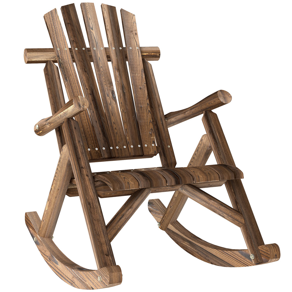 Outdoor Wooden Rocking Chair, Single-Person Adirondack Rocking Patio Chair with Rustic High Back, Slatted Seat and Backrest for Indoor, Backyard, Garden, Carbonized
