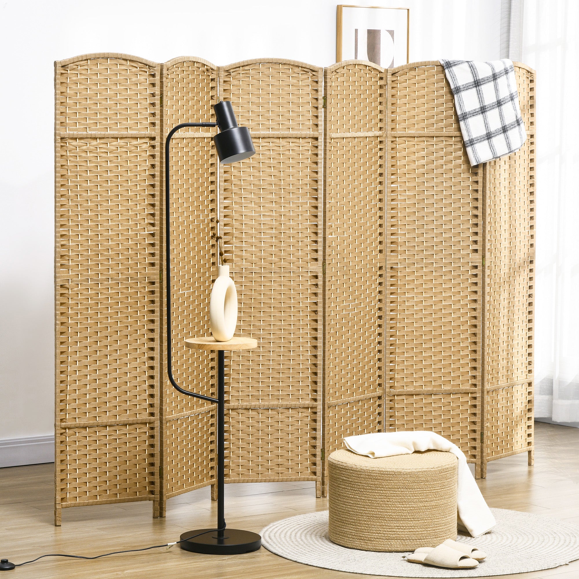 Folding Room Divider Screen 6 Panel 5.6 ' Tall Privacy Screen Freestanding Room Partition for Home Office, Nature Wood