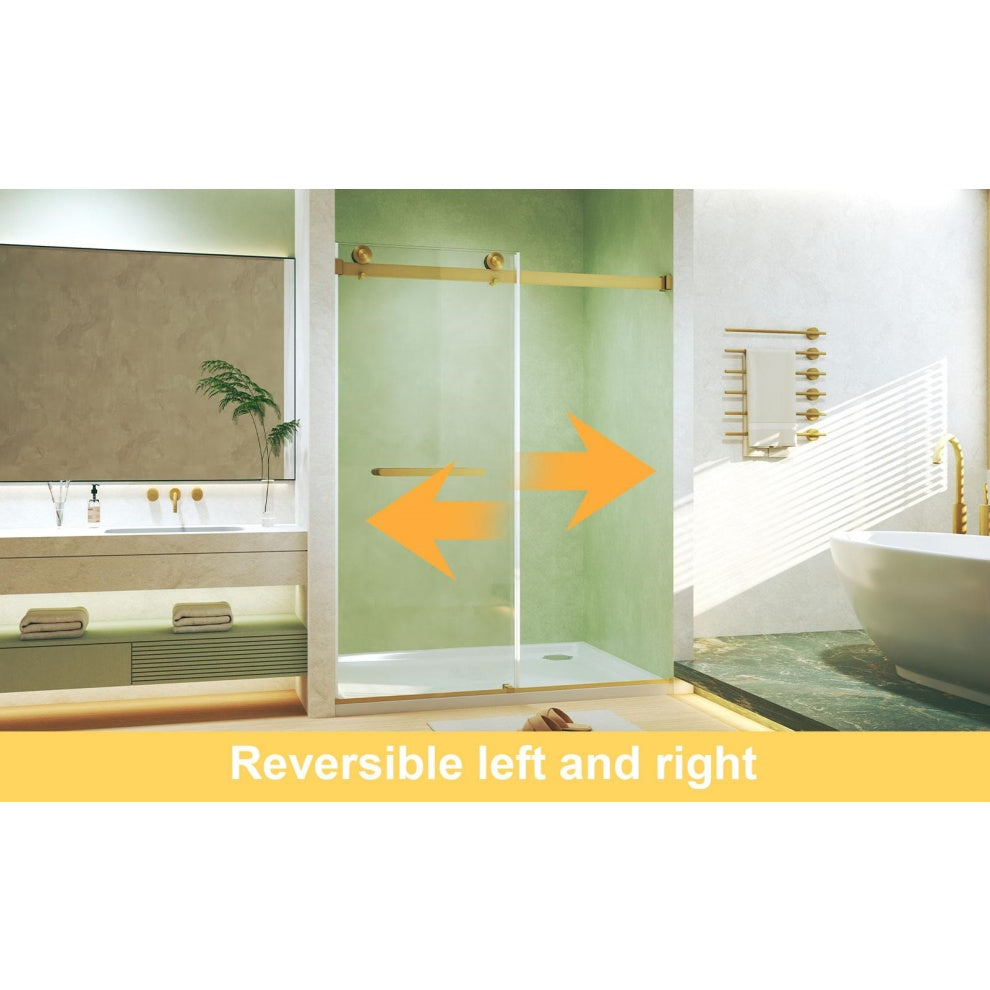 Frameless Double Sliding Shower Door with Silent Rollers, Bathroom Door with Square Tube Track, 60" L x 0.5" W x 74" H, Brushed Gold