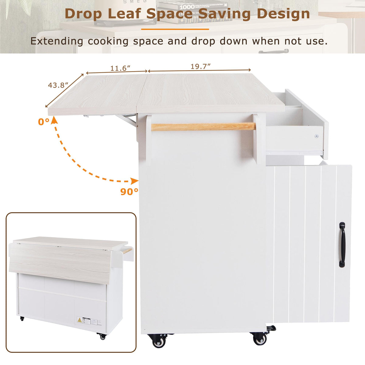 Kitchen Island with Trash Can Storage, Drop Leaf, Spice and Towel Rack, Adjustable Shelf, Utility Cart on Wheels, 51" L x 31.5" W x 35" H, White