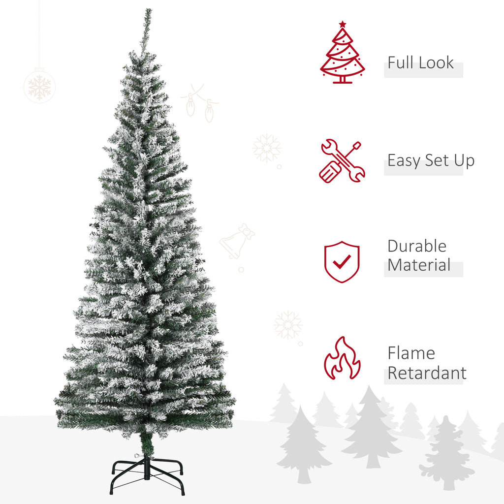6ft Flocked Christmas Tree, Pencil Artificial Xmas Tree with Faux Snow, Dense Branches, Foldable Metal Base for Indoor Holiday Decor