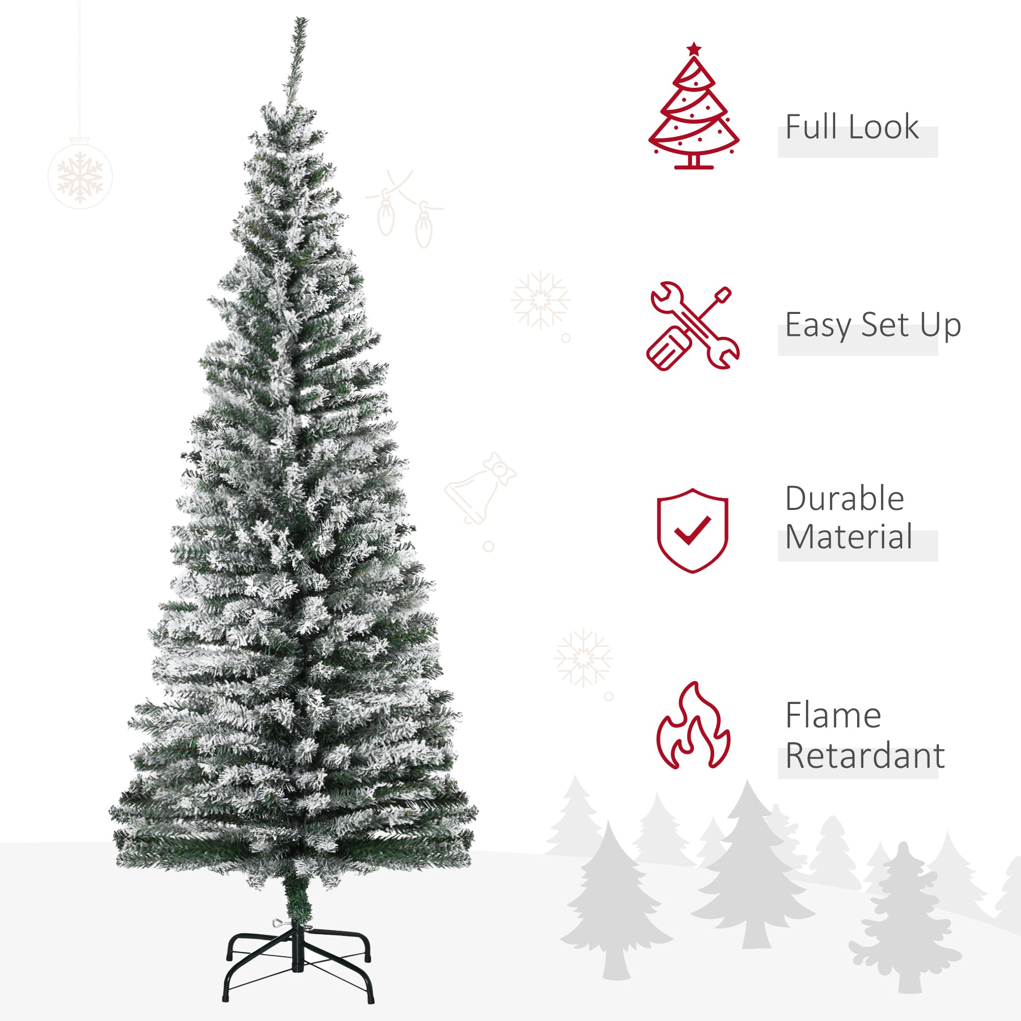 6ft Flocked Christmas Tree, Pencil Artificial Xmas Tree with Faux Snow, Dense Branches, Foldable Metal Base for Indoor Holiday Decor