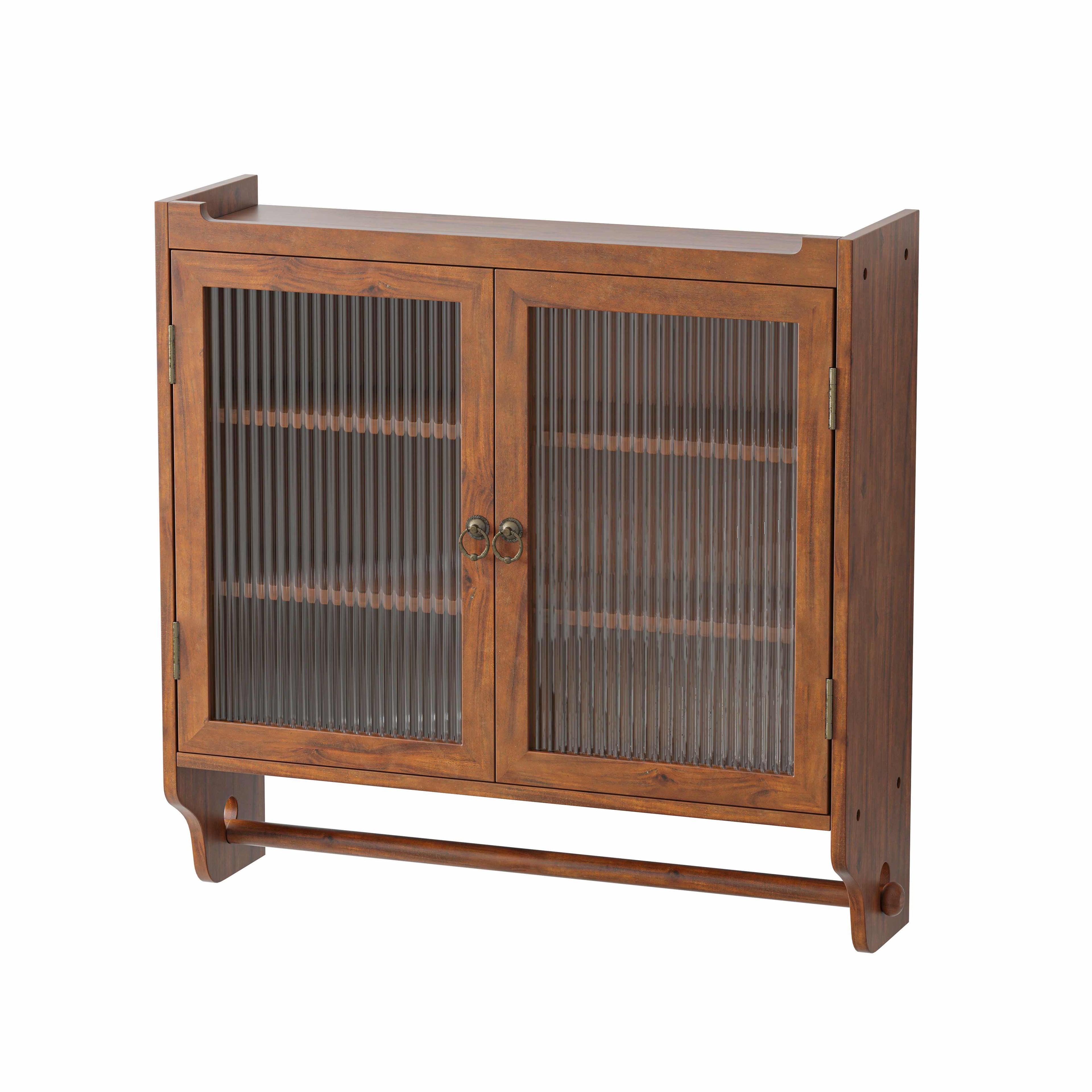Vintage Double Door Wall Cabinet with Glass Doors, Three Tiers of Storage, and Towel Rack for Bathroom, Kitchen, Dining Room, 24.8", Brown