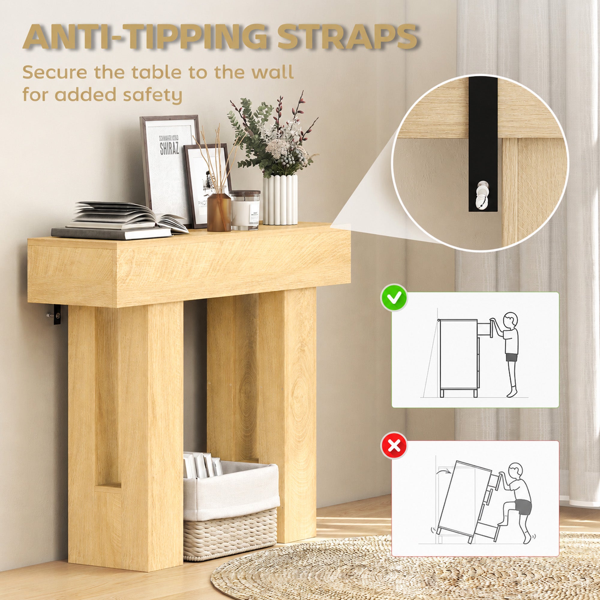 42 Inch Console Table, Sofa Table Behind the Couch with Thickened Tabletop for Living Room, Hallway, Entrance, Oak