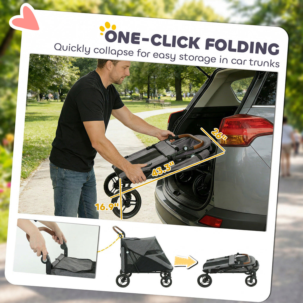 Dog Stroller for Large Dogs Up to 66 LBS with All-Terrain Spring Suspension, 8-Position Adjustable Handle, Gray
