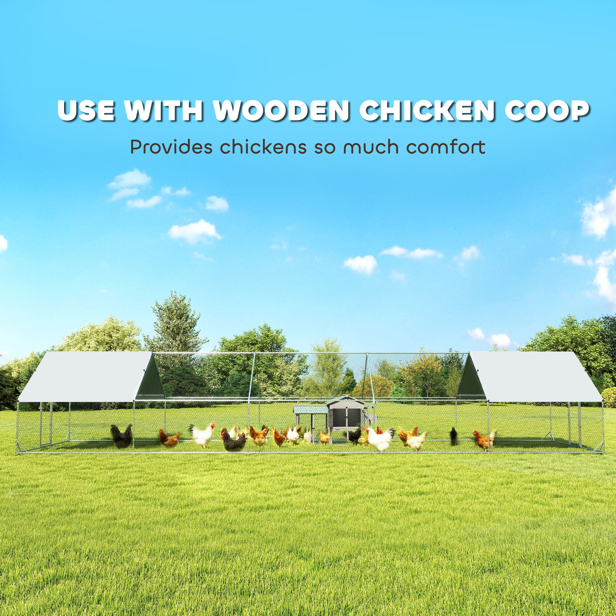Large Chicken Coop with Waterproof and Anti-UV Cover, Spire Shaped for Outdoor and Yard Farm Use, 33' x 10' x 6.4'