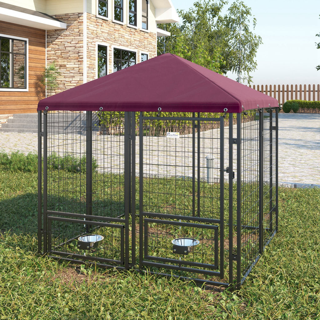 Outdoor Dog Kennel with Rotating Bowl Holders, Pet Playpen with Waterproof Cover, 4.6' x 4.6' x 5', Red