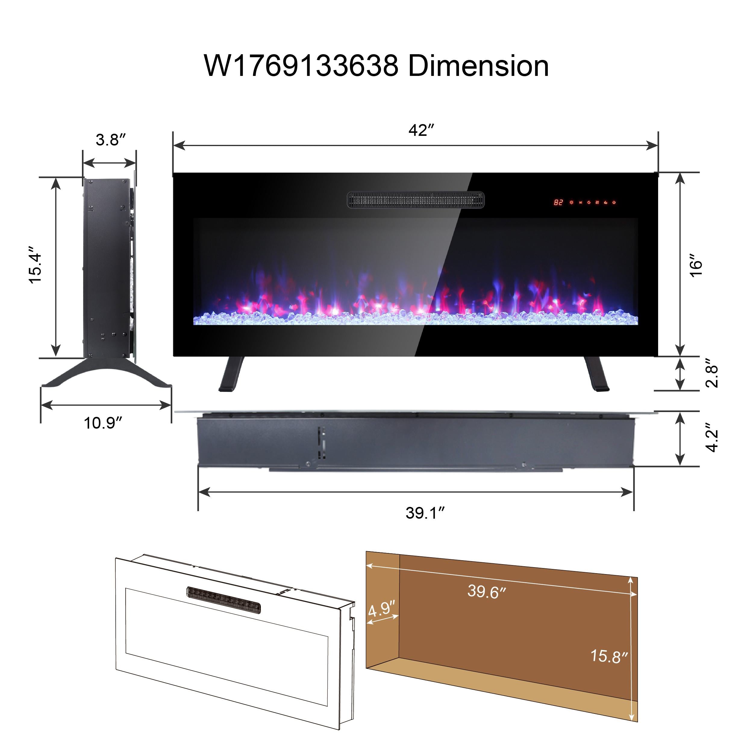 42" Remote Wall Mounted Electric Fireplace with Ultra Thin Tempered Glass Front, Multi-Color Flame, and LED Light Heater, Antique Black