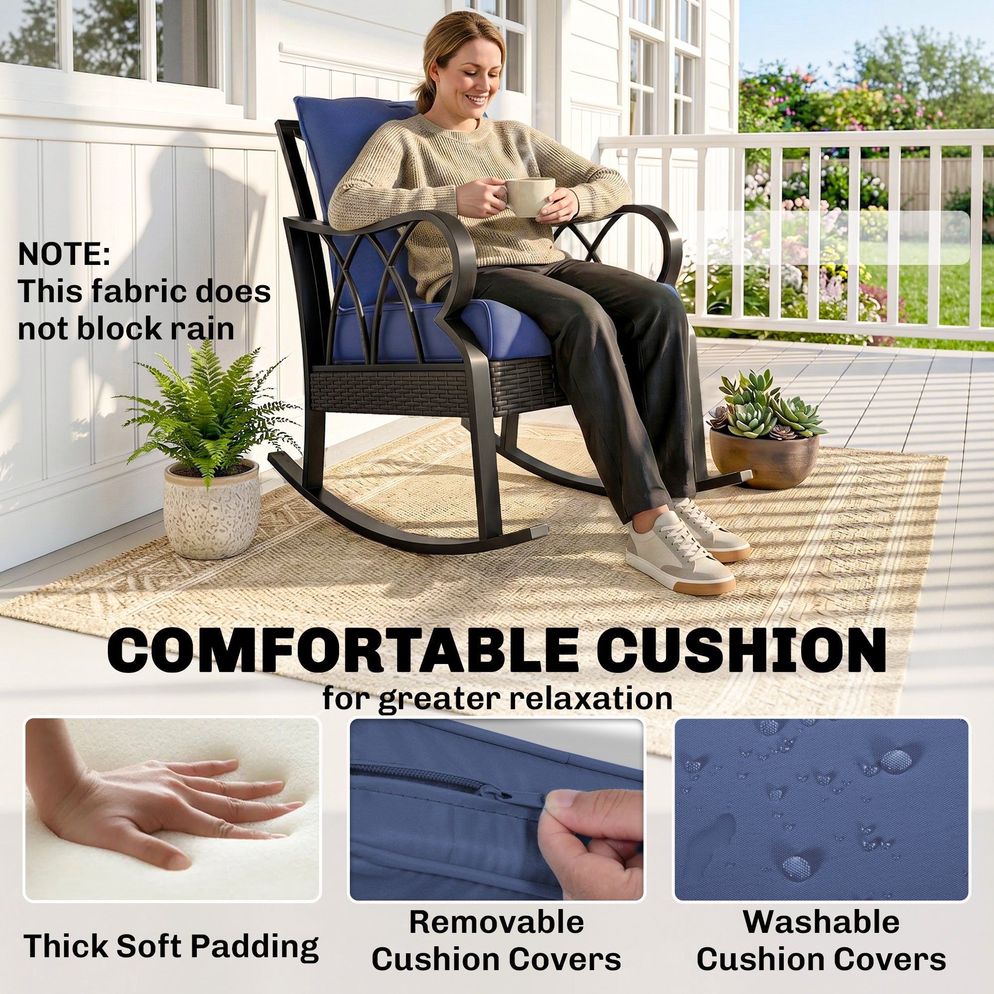 2 Piece Outdoor Wicker Rocking Chairs Rattan Porch Rockers with Cushions, Aluminum Frame for Garden, Patio, Blue