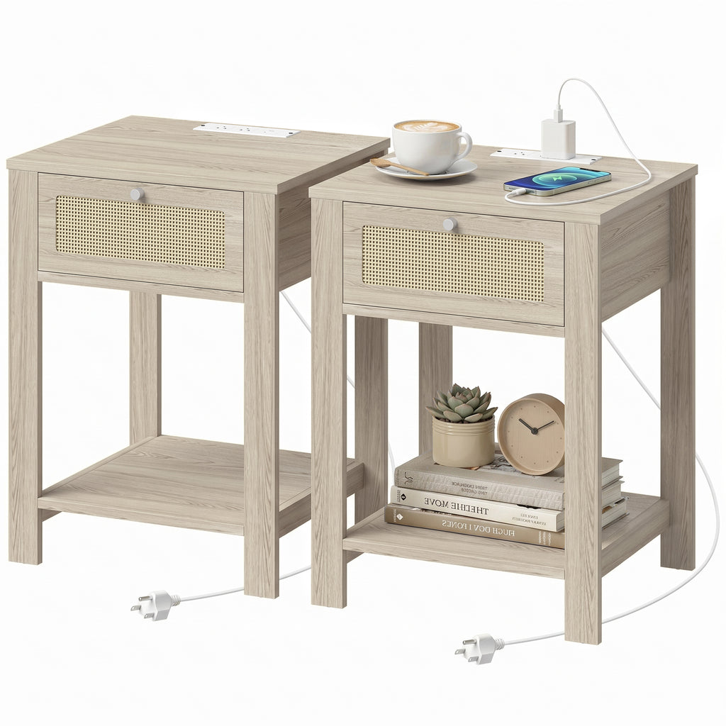 Boho Side Tables Set of 2 with Charging Station, End Tables with Drawer and Open Shelf for Living Room, Natural Wood