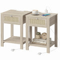 Boho Side Tables Set of 2 with Charging Station, End Tables with Drawer and Open Shelf for Living Room, Natural Wood