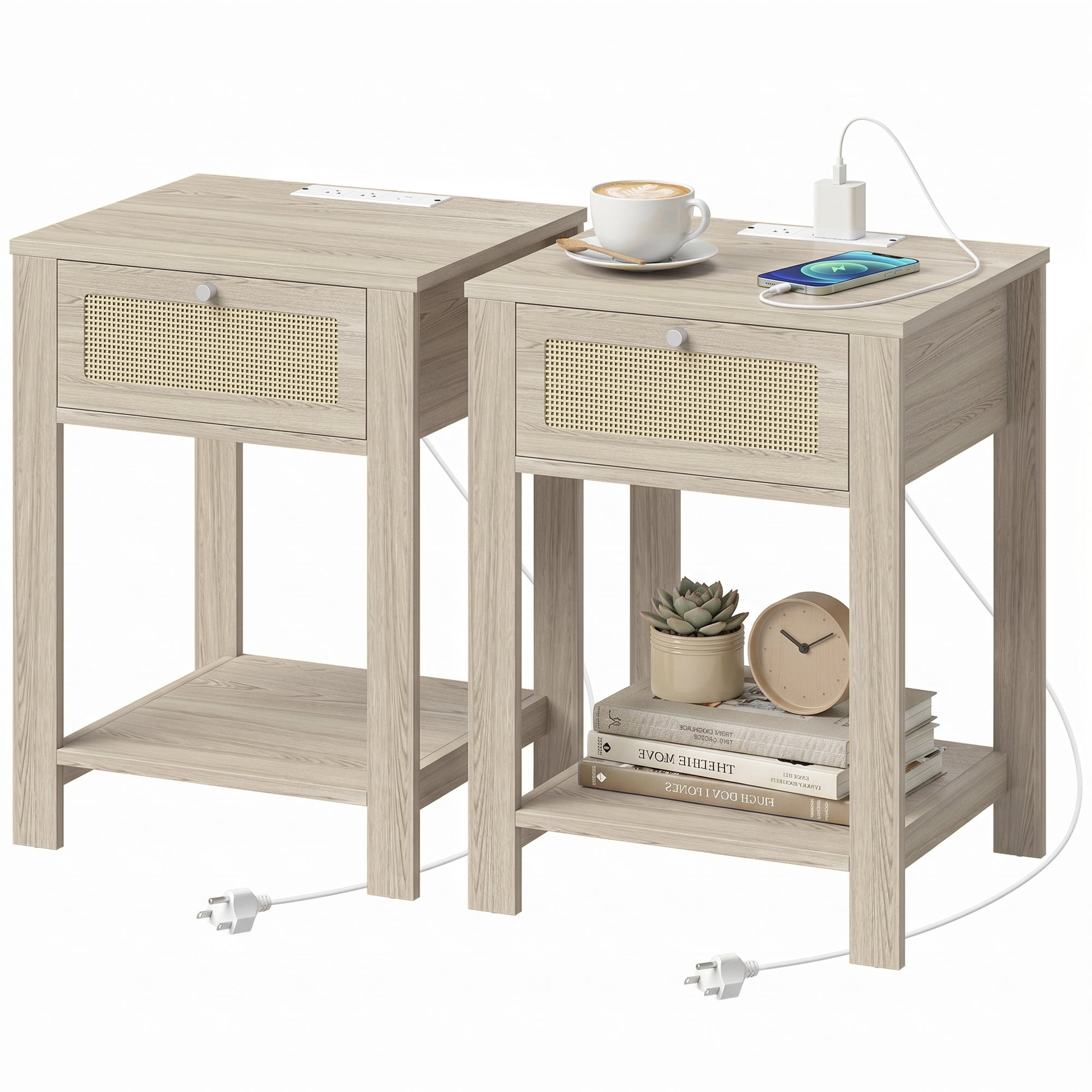 Boho Side Tables Set of 2 with Charging Station, End Tables with Drawer and Open Shelf for Living Room, Natural Wood