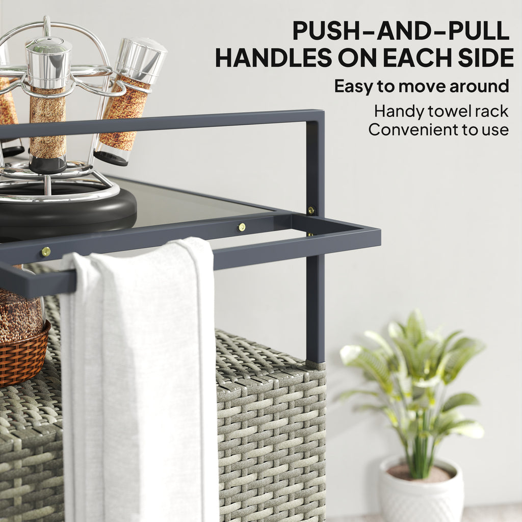 2-Tier Shelf PE Rattan Outdoor Bar Table, Glass Top Outdoor Serving Cart with Cabinet, Mixed Gray
