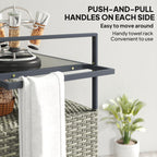 2-Tier Shelf PE Rattan Outdoor Bar Table, Glass Top Outdoor Serving Cart with Cabinet, Mixed Gray