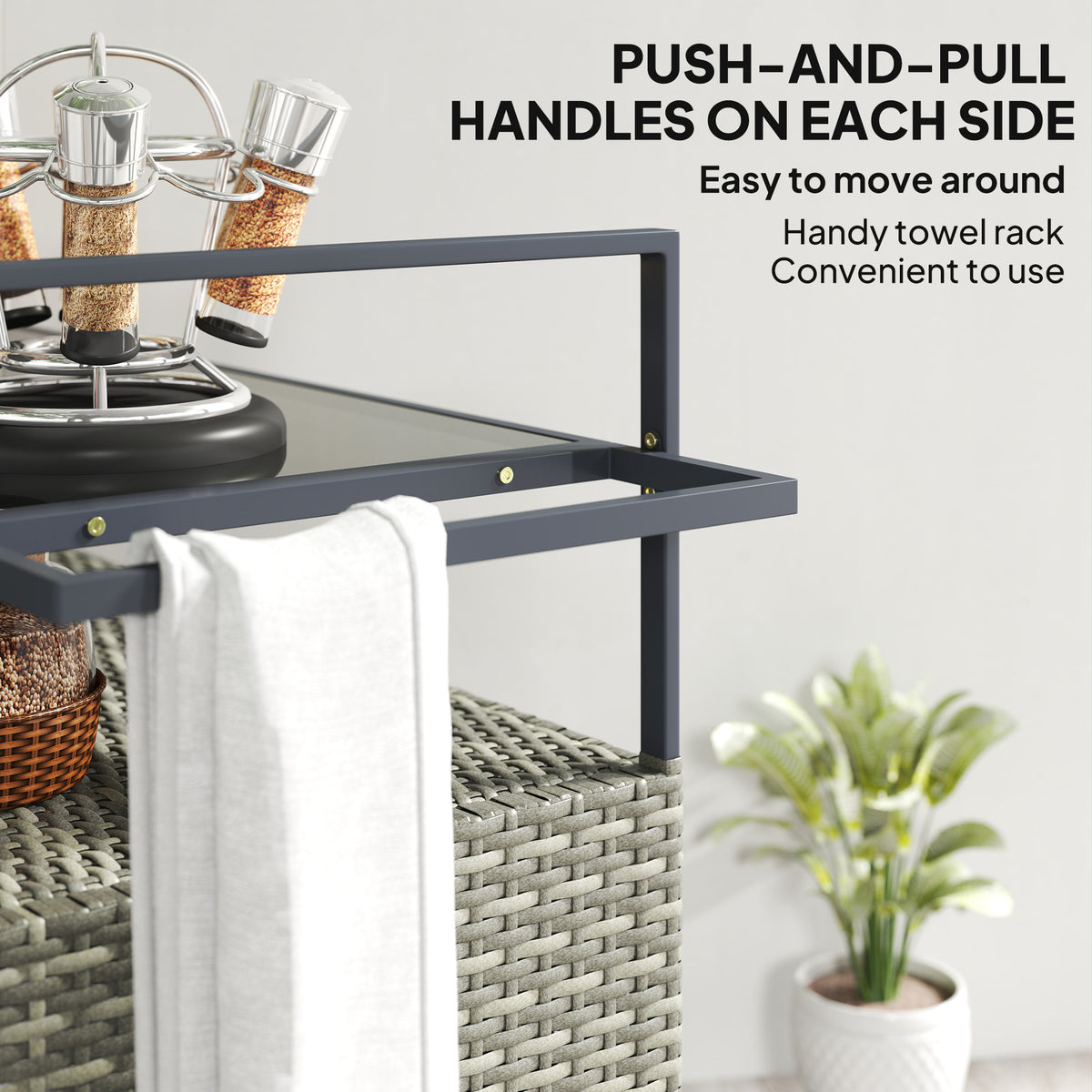 2-Tier Shelf PE Rattan Outdoor Bar Table, Glass Top Outdoor Serving Cart with Cabinet, Mixed Gray