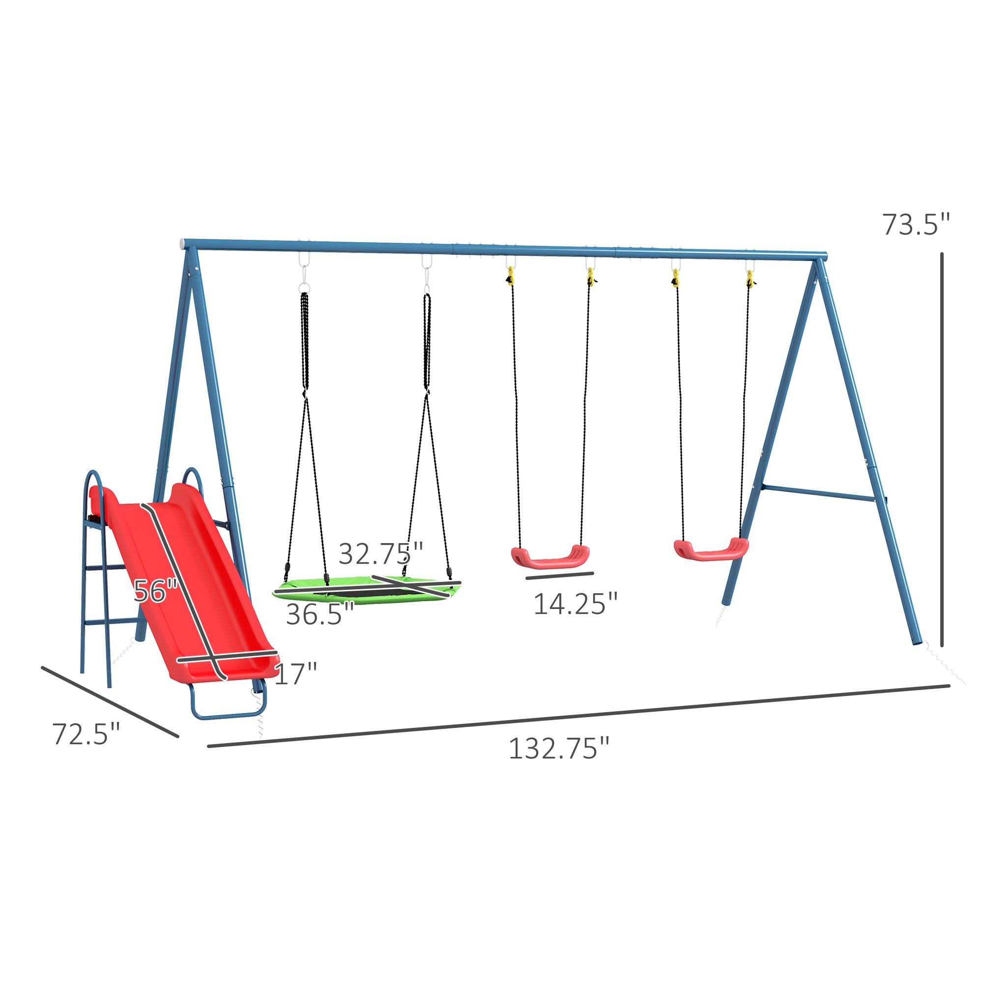 Metal Swing Set for Backyard, 3 in 1 Design with 1 Nest Swing, 2 Seats, 1 Slide, Holds Up to 352 lbs. for Ages 3-8