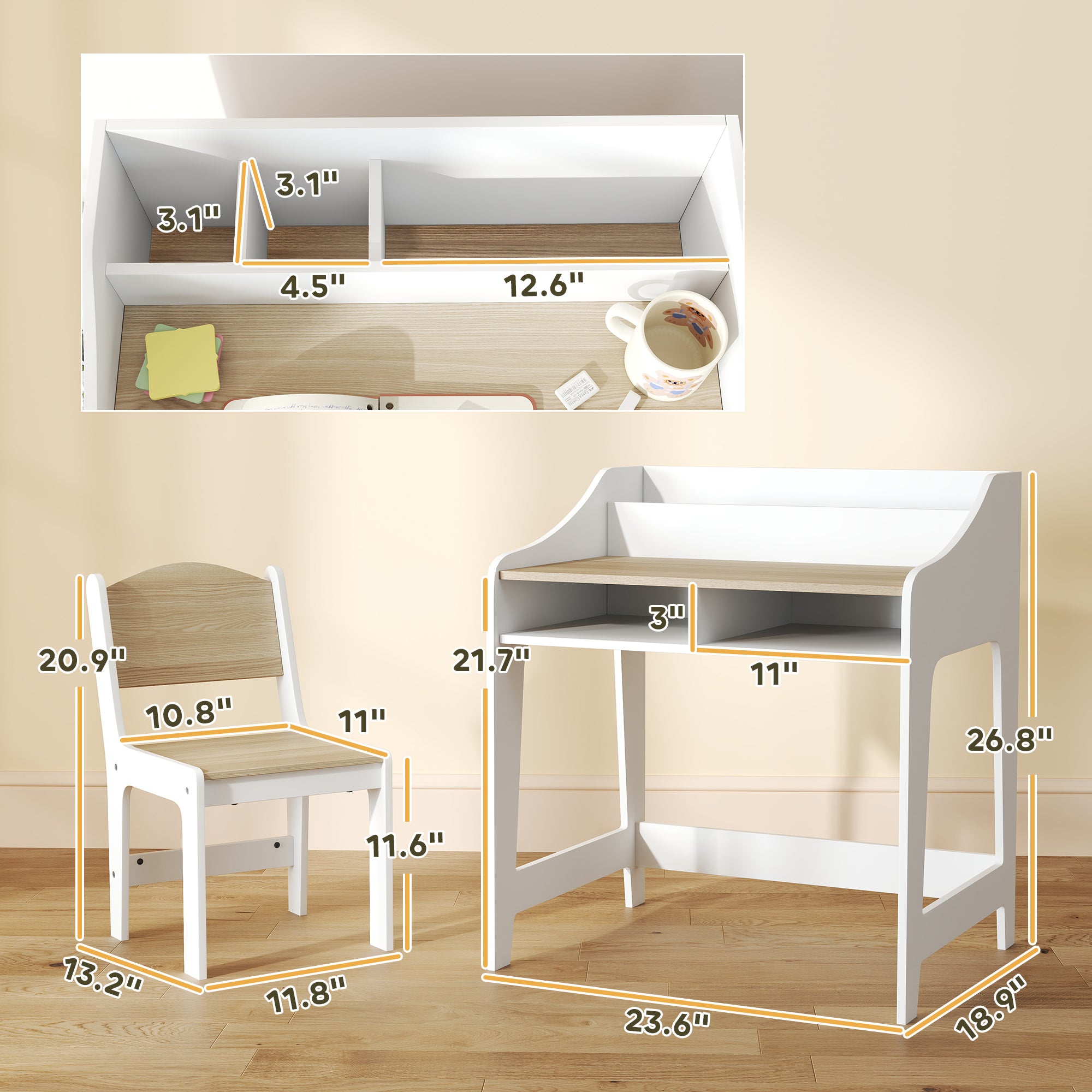Kids Desk and Chair Set with Storage and Shelves, for Bedroom & Study Room, Gift for 3-8 Years Old, Natural Wood