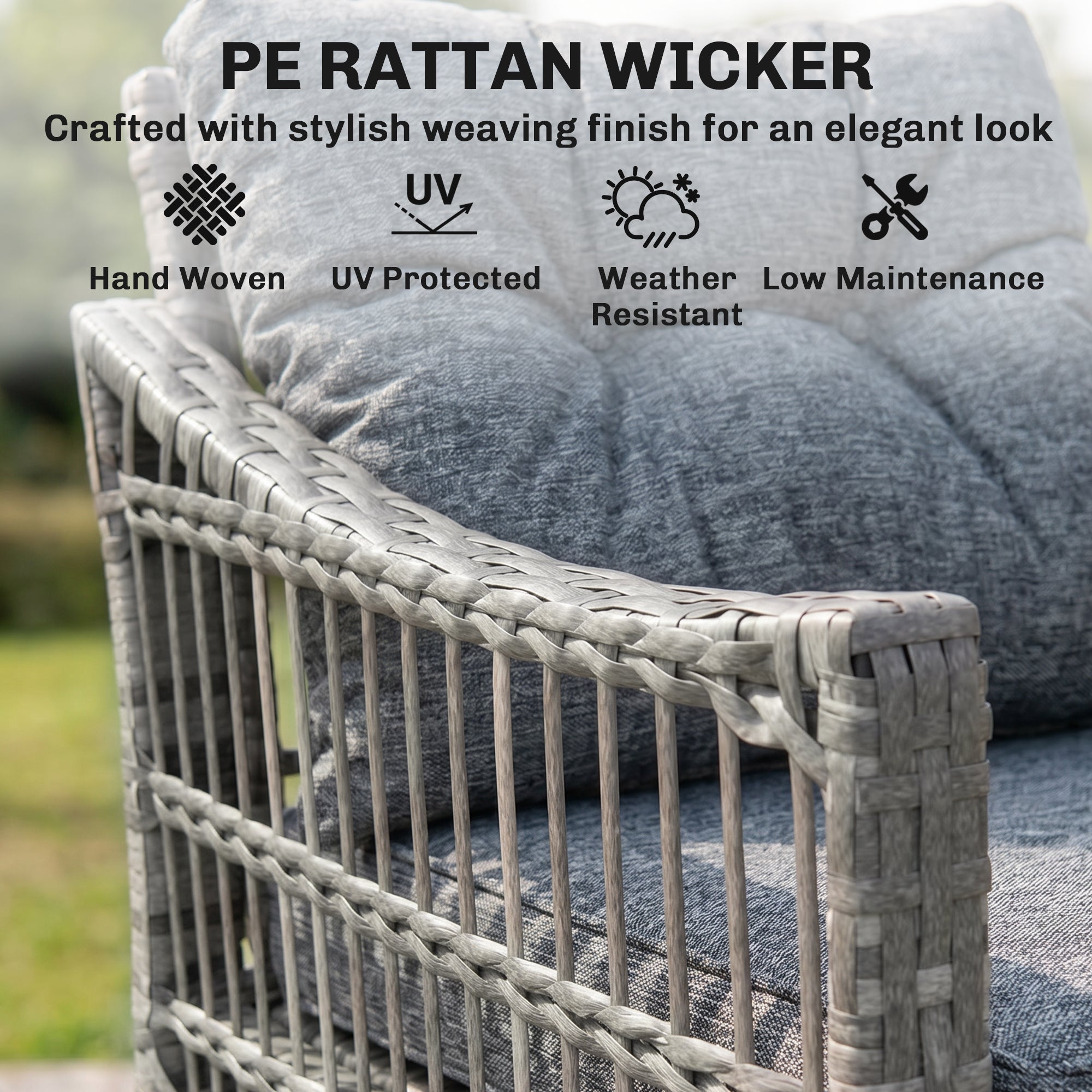 3 Piece Outdoor PE Rattan Rocker Chair Set, Rocking Chair with Tempered Glass Table Top, Gray