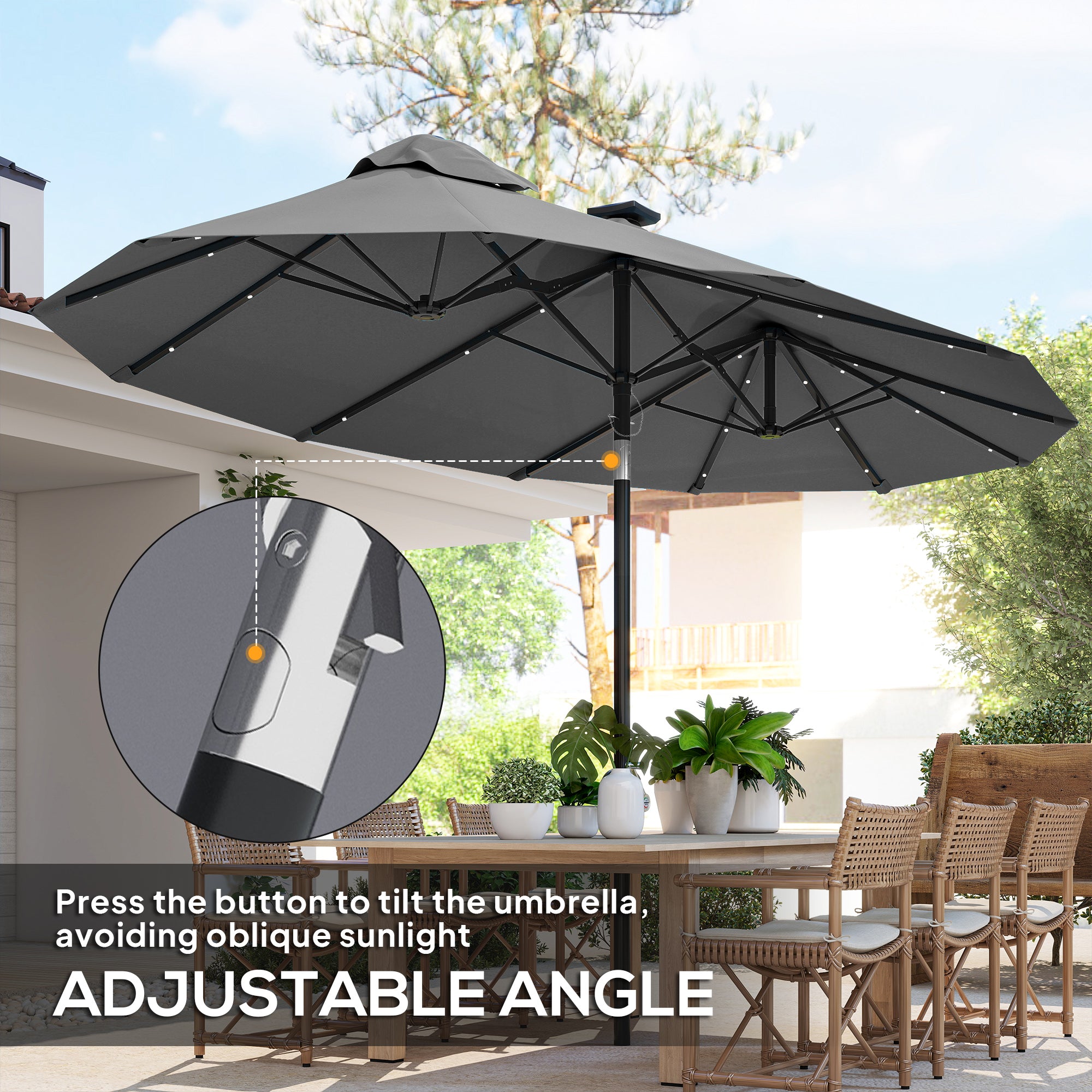 Double-sided Patio Umbrella, 9.7' Outdoor Umbrella with Tilt and Crank, LED Solar Light and 12 Ribs, Gray