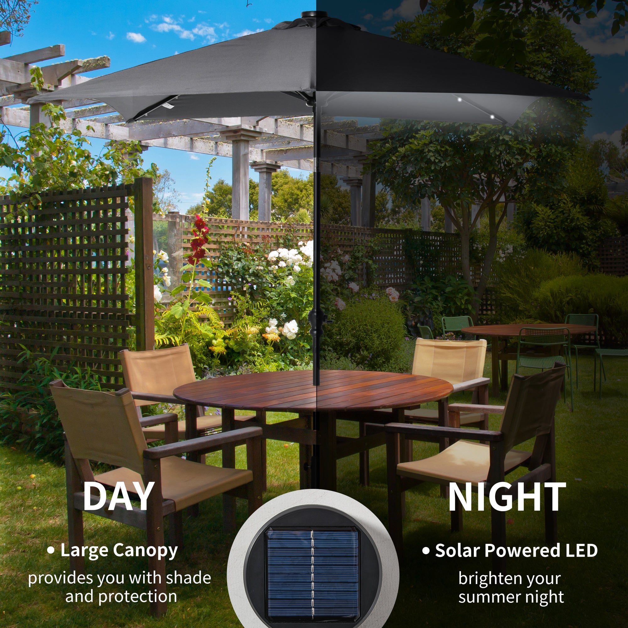 9' x 7' Solar Umbrella, LED Lighted Patio Umbrella for Table or Base with Tilt & Crank, Outdoor Umbrella for Garden, Deck, Backyard, Pool, Beach, Dark Gray