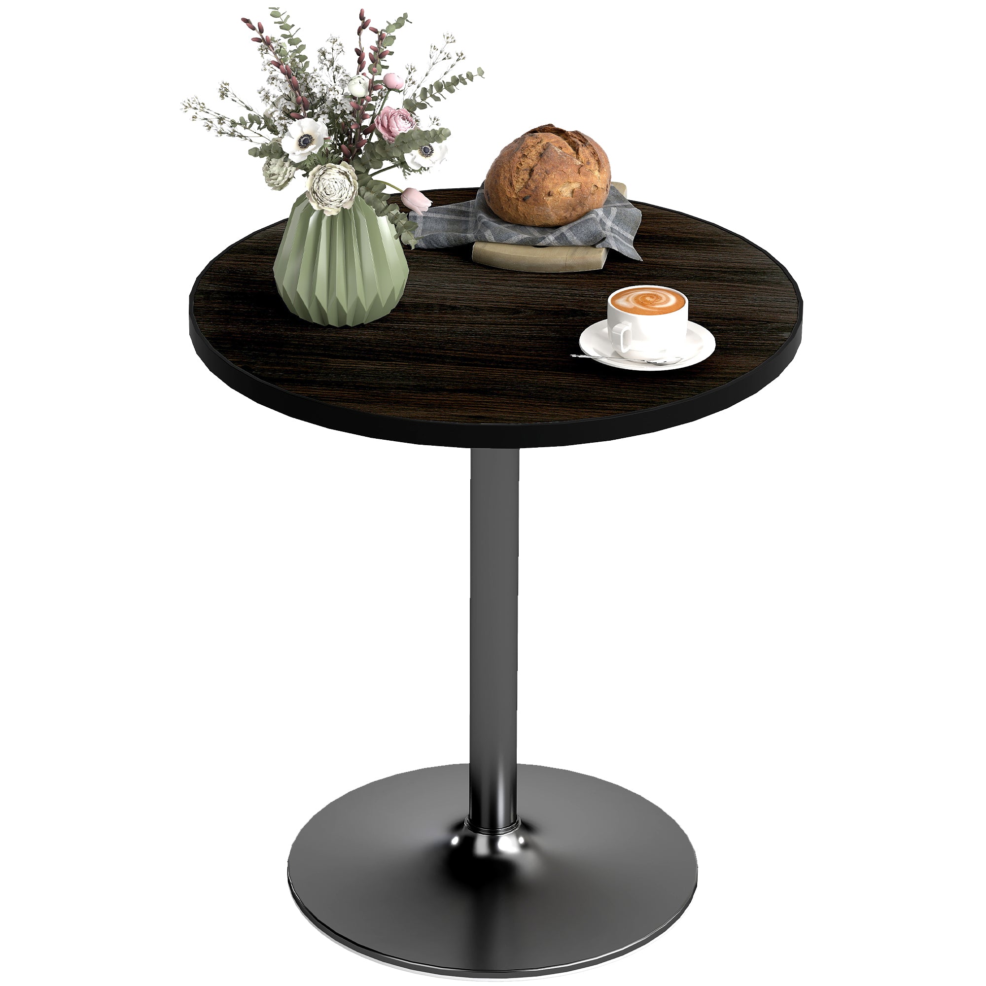 Round Dining Table for 2-4 People, Small Kitchen Table with Wood Grain Top, Black