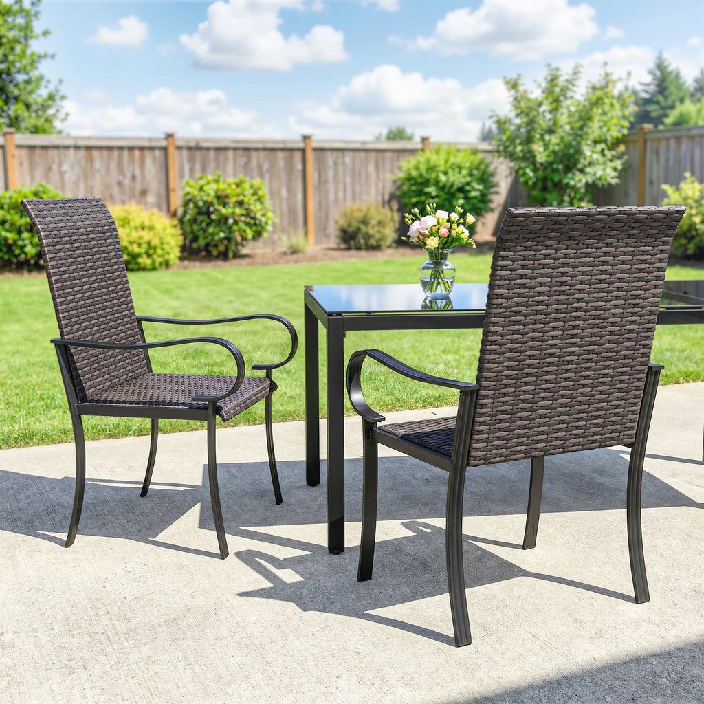 Set of 2 Outdoor Wicker Dining Chairs with Armrest, Steel Frame, High Back and Deep Seating, Brown