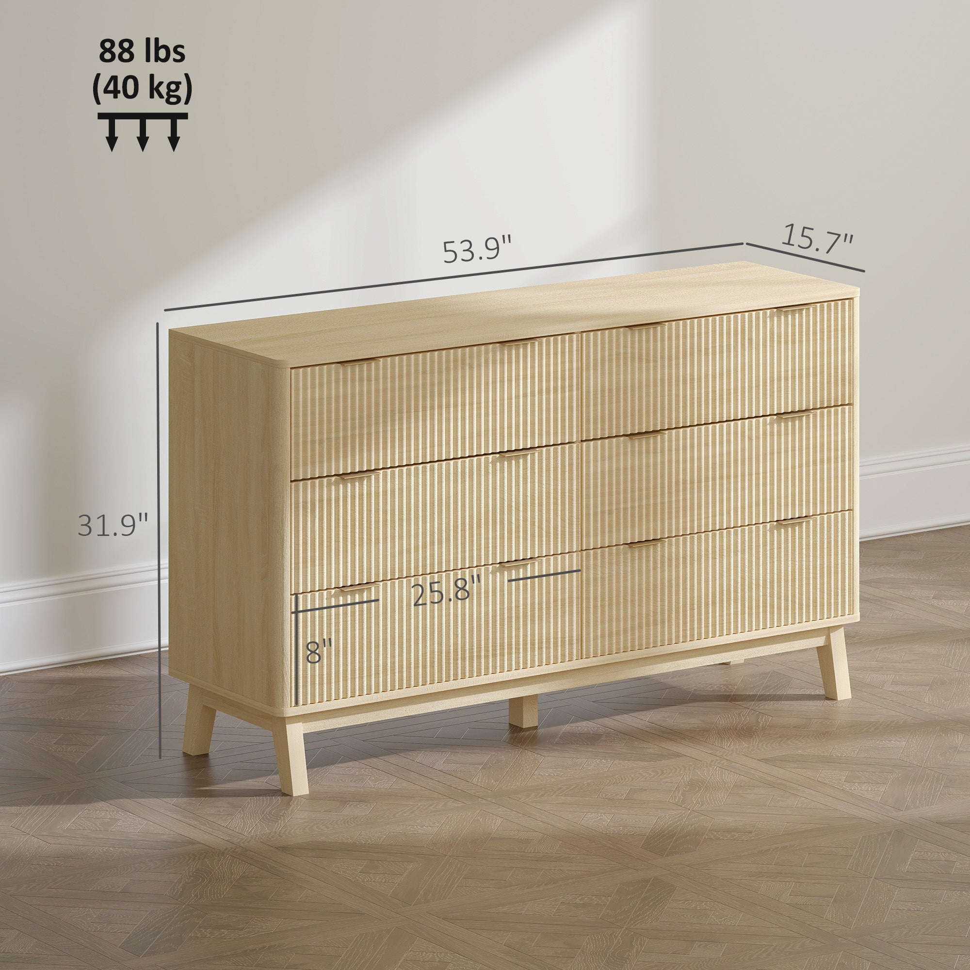 6 Drawer Double Dresser for Bedroom, Fluted Chest of Drawers with Gold Finger Pulls and 5 Wood Legs, Natural Wood