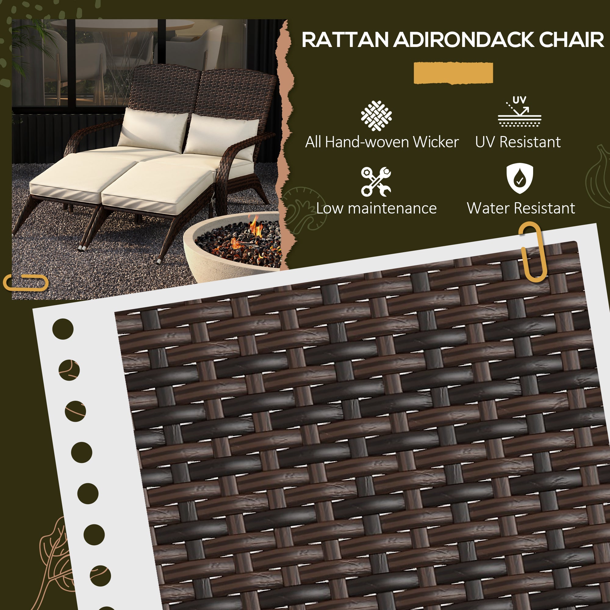 2 Person Patio Wicker Adirondack Chair, High-Back Fire Pit Chair with Cushions, Cream White