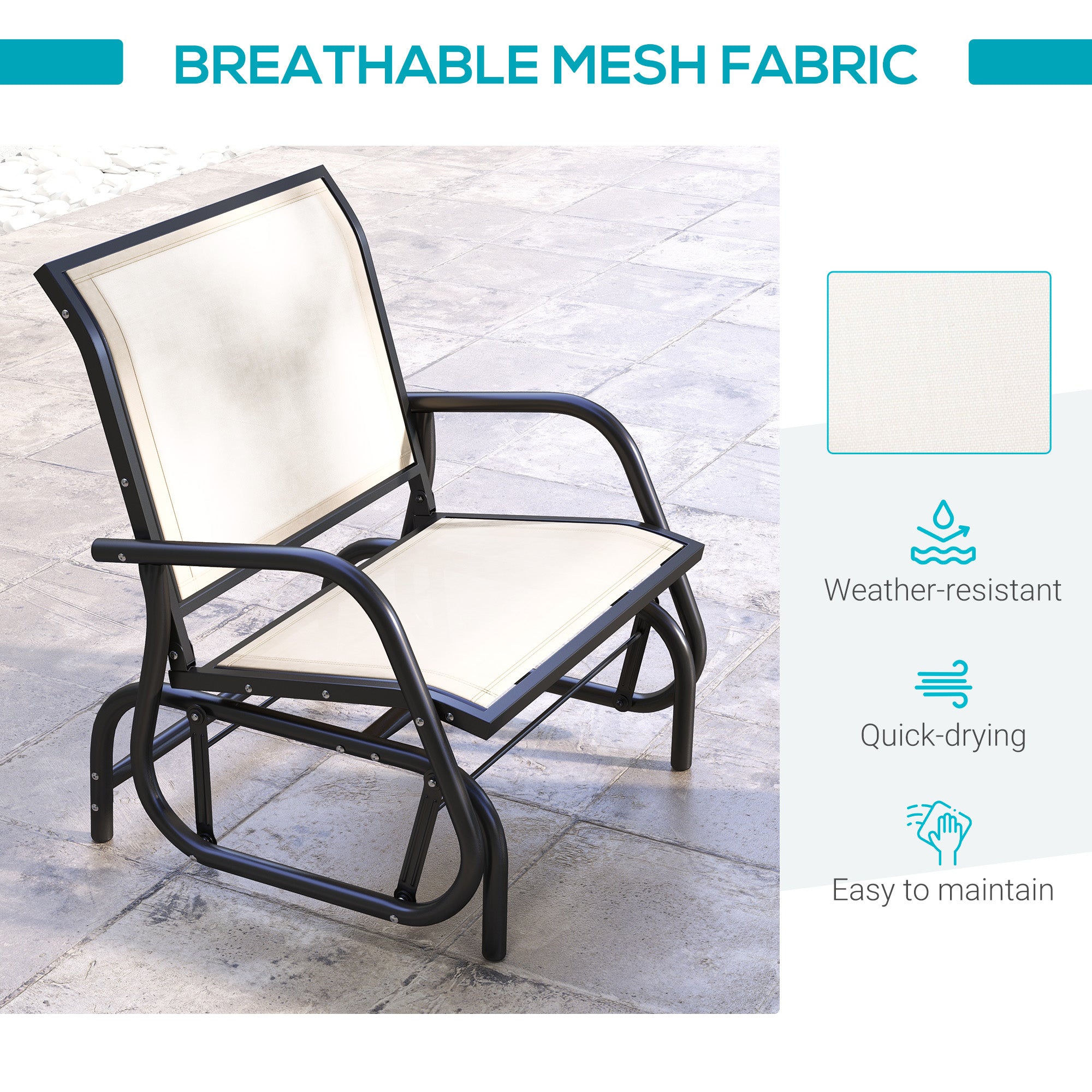 Outdoor Glider Chair, Steel Swing Chai with Curved Armrests for Porch, Garden, Poolside, Balcony, Cream White