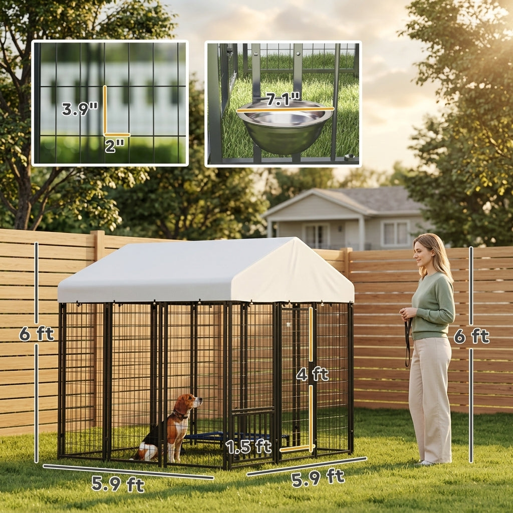 5.9' x 5.9' x 6' Outdoor Dog Kennel with Roof, Rotating & 4-Level Adjustable Bowls