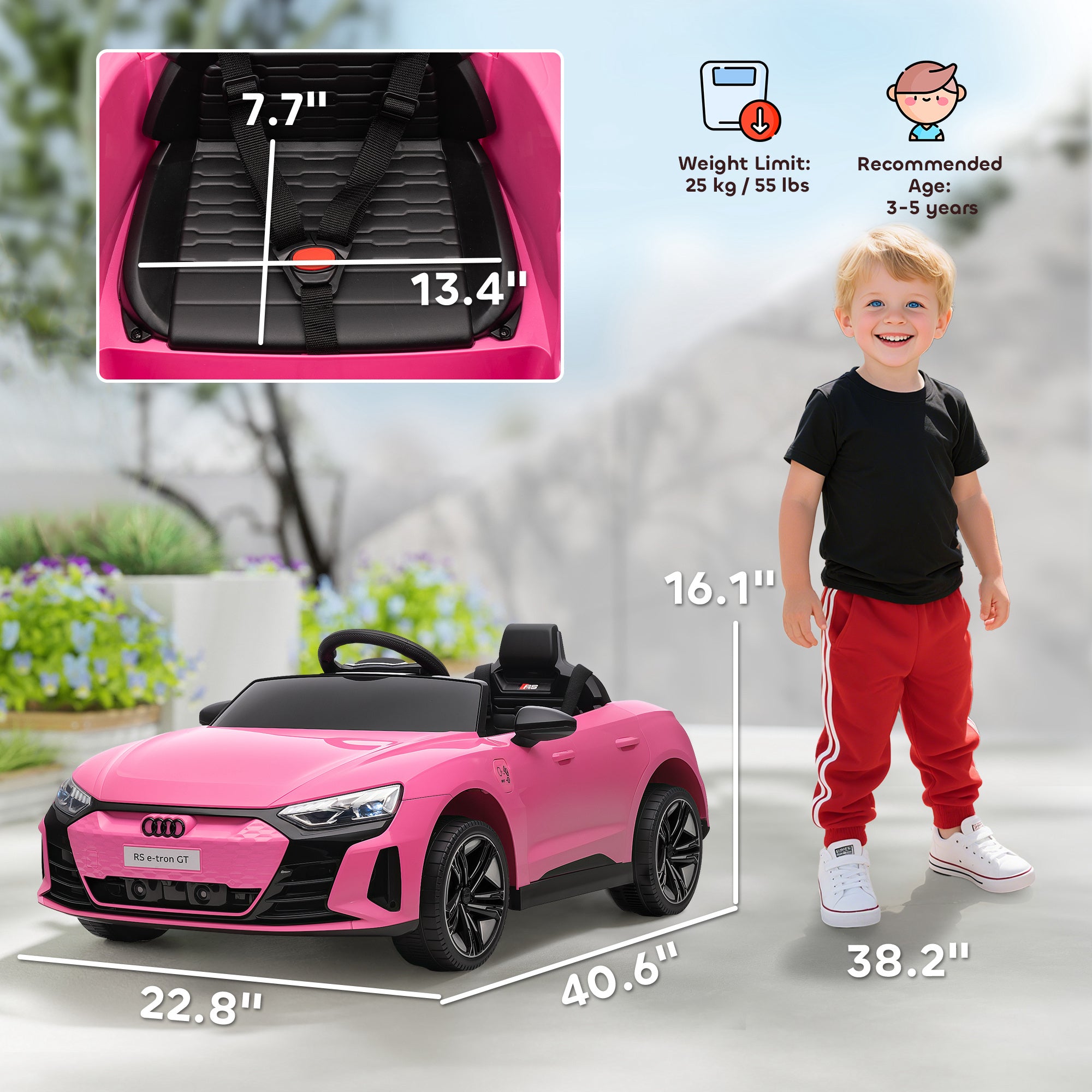 Licensed RS e-tron GT 12V Ride On Car Truck for Kids, Electric Car Ride On Vehicle w/Parent Remote Control, Music, Lights, for Toddlers, Pink