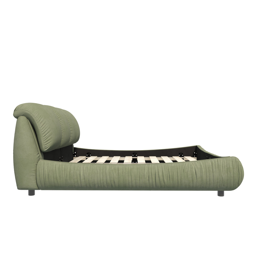Queen Size Upholstered Bed with Oversized Padded Backrest, Solid Wood Frame, Adjustable Mattress Heights, 96.5" L x 70" W x 43.5" H, Green