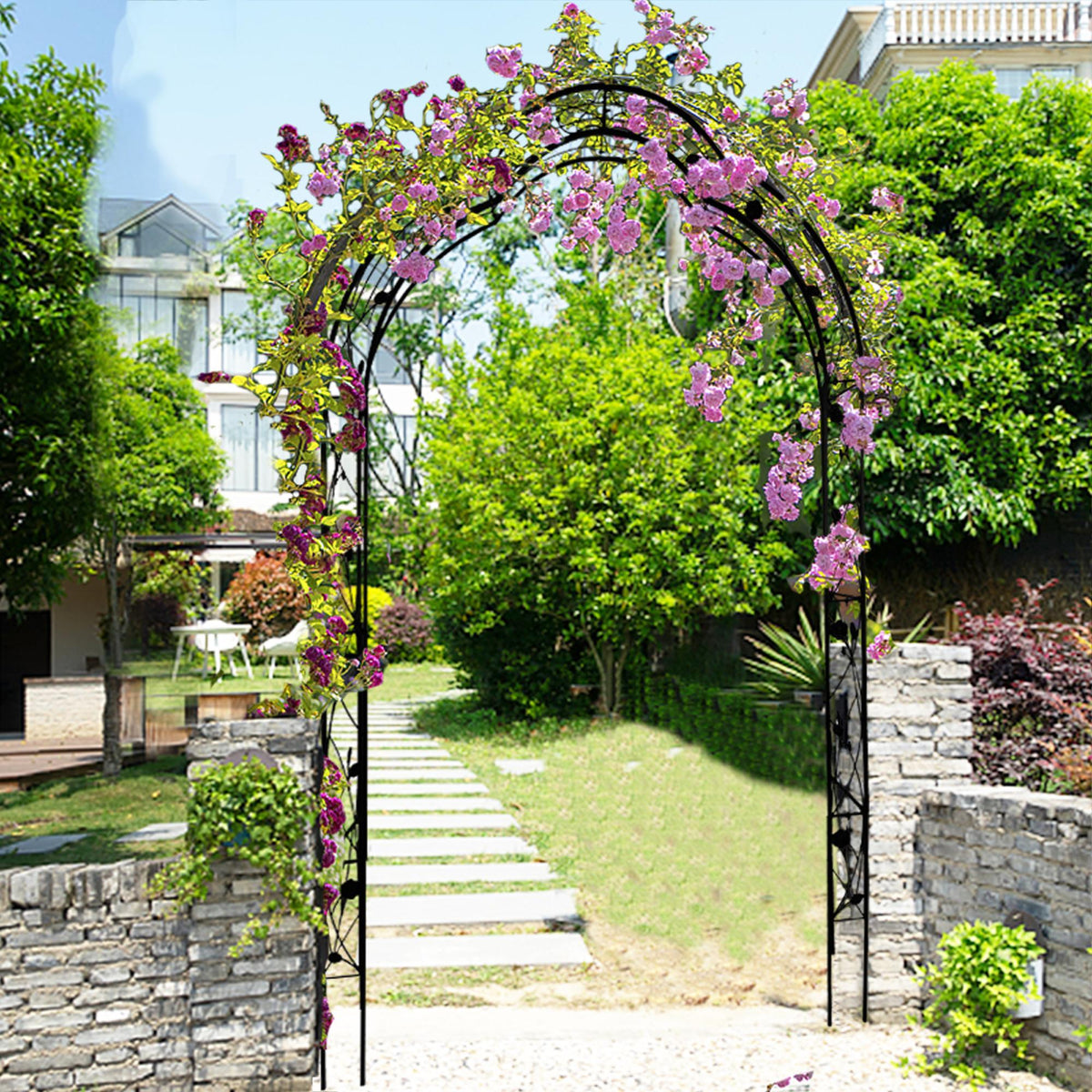 8 Styles Freely Assembled Arch Trellis with Gothic Spire Design, Metal Garden Arbor for Climbing Plants, 59" L x 15.5" W x 98.5" H, Black