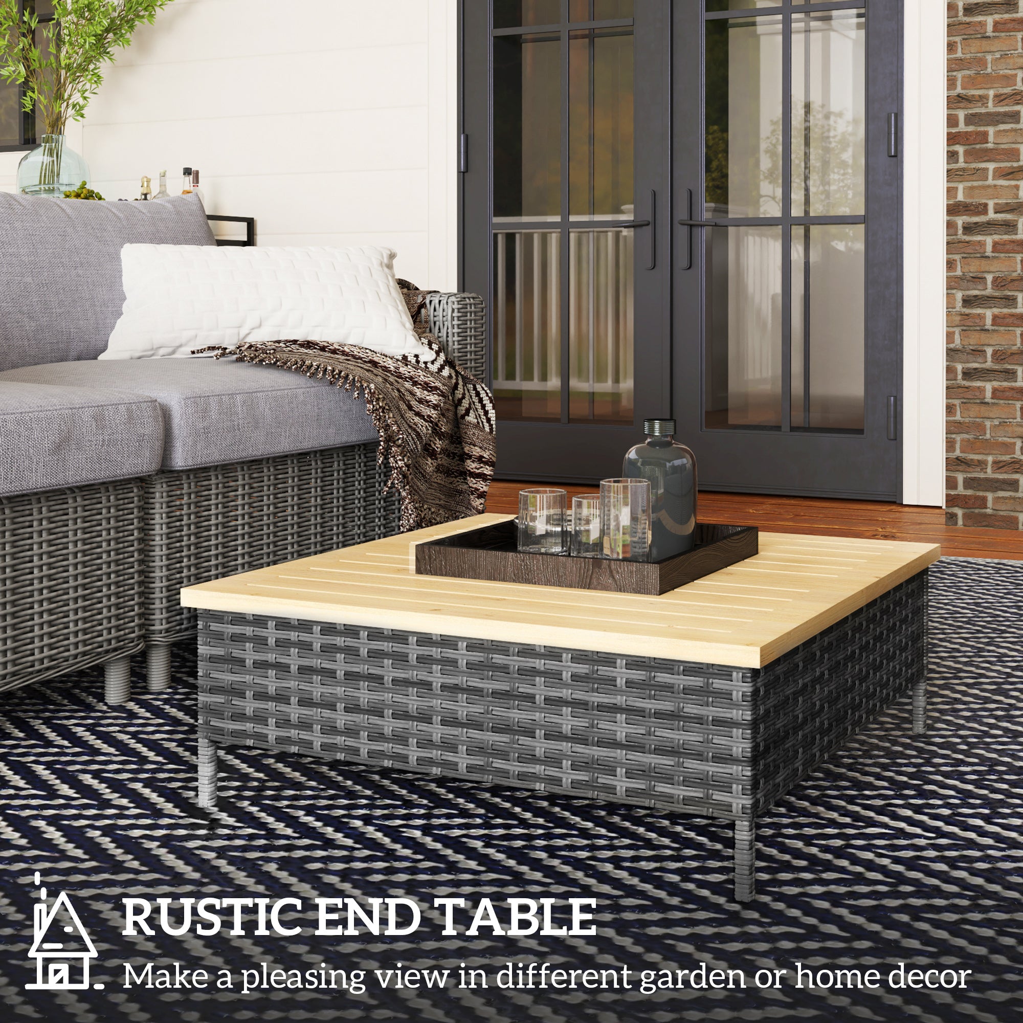 Outdoor Side Table with PE Rattan, Patio End Table with Natural Fir Wood Top, Weather Resistant Accent Table for Patio Pool Porch, Gray