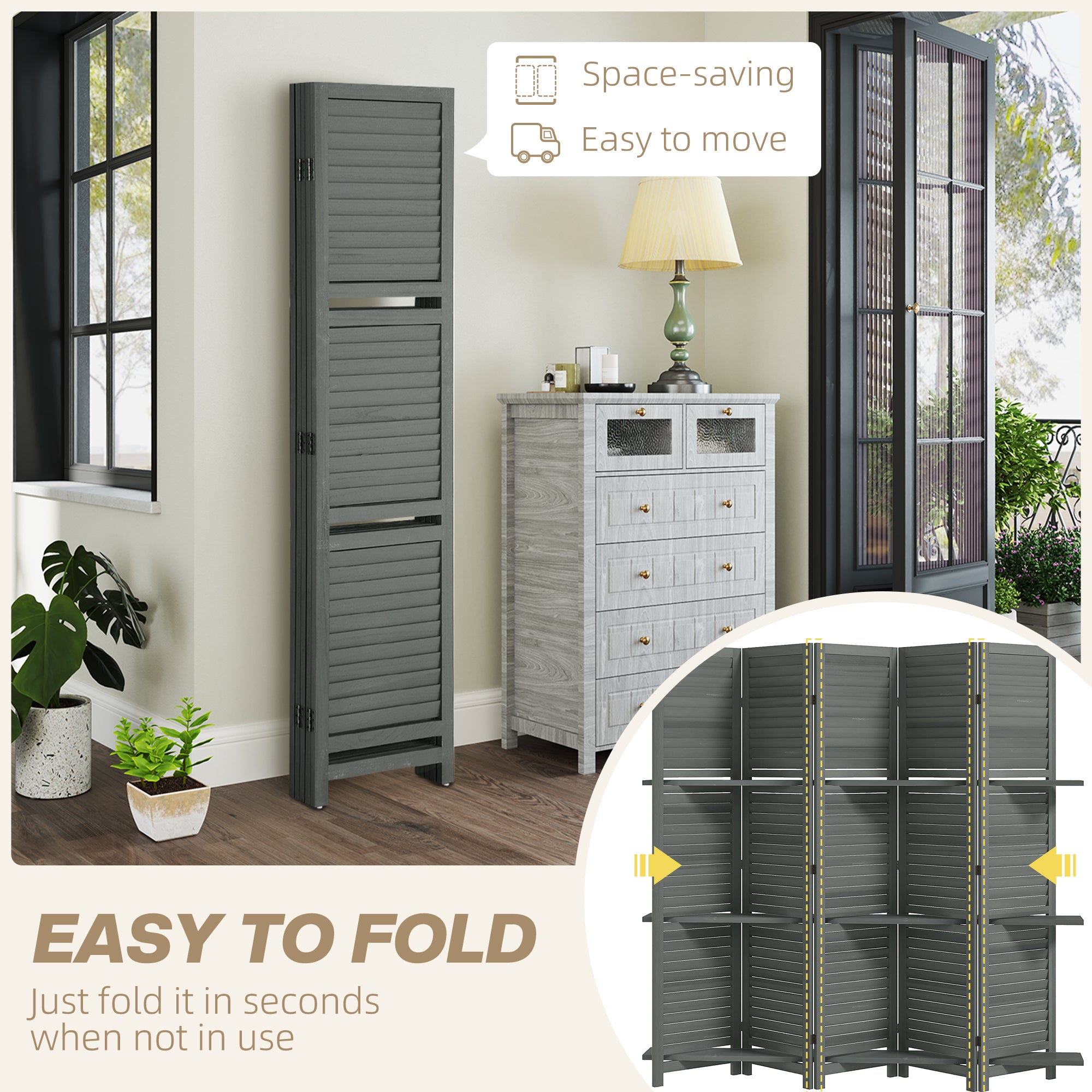 5 Panel 67" Tall Wood Privacy Screen Room Divider with 3 Shelves and Folding Storage for Bedroom, Gray