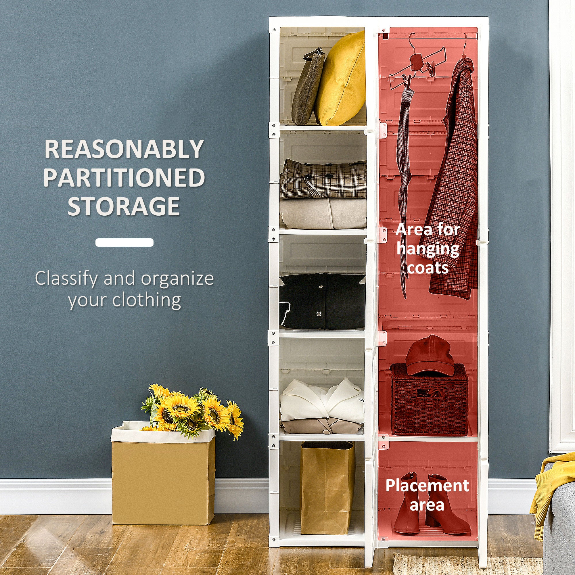 Portable Wardrobe Closet, Folding Bedroom Armoire, Clothes Storage Organizer with Cube Compartments, Hanging Rod, Magnet Doors, White