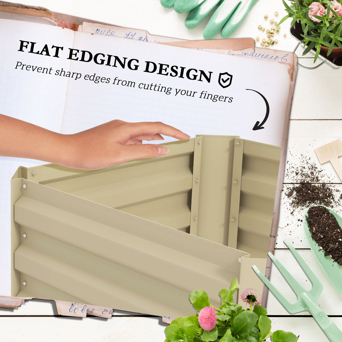 Galvanized Planter Box, 24" x 24" x 73.5" Raised Garden Bed with Tomato Cage for Climbing Vines, Cream