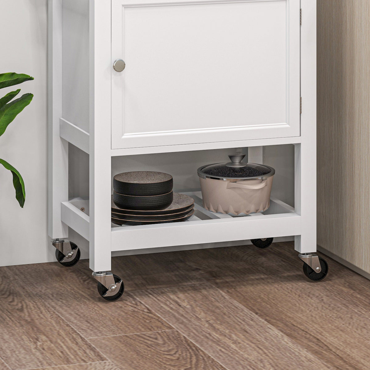 Kitchen Island on Wheels, Rolling Kitchen Cart with Rubberwood Top, Drawer, Wine Rack and Cabinet, White