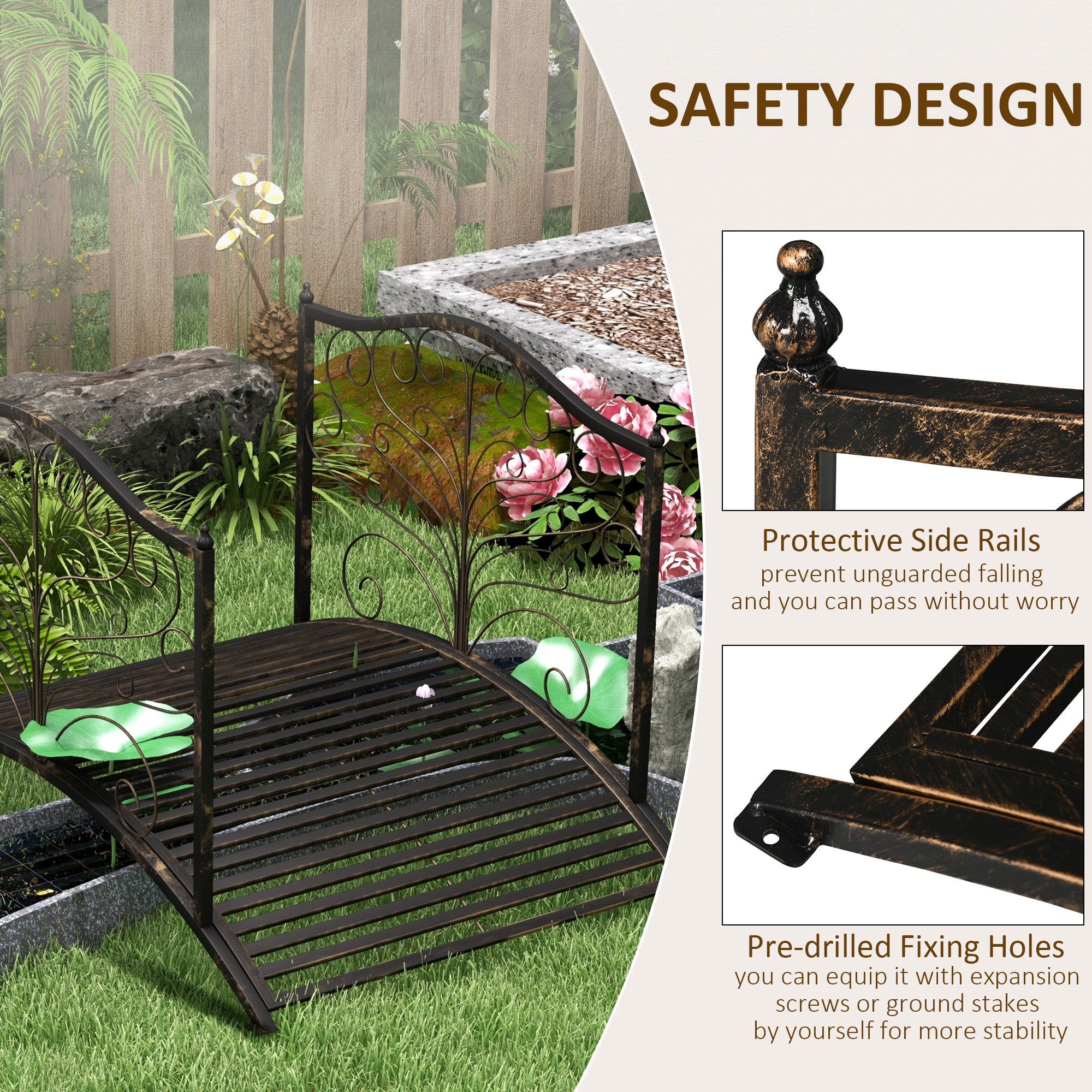 4’ Metal Arch Backyard Garden Bridge with Safety Siderails, Delicate Scrollwork, & Easy Assembly, Black Bronze