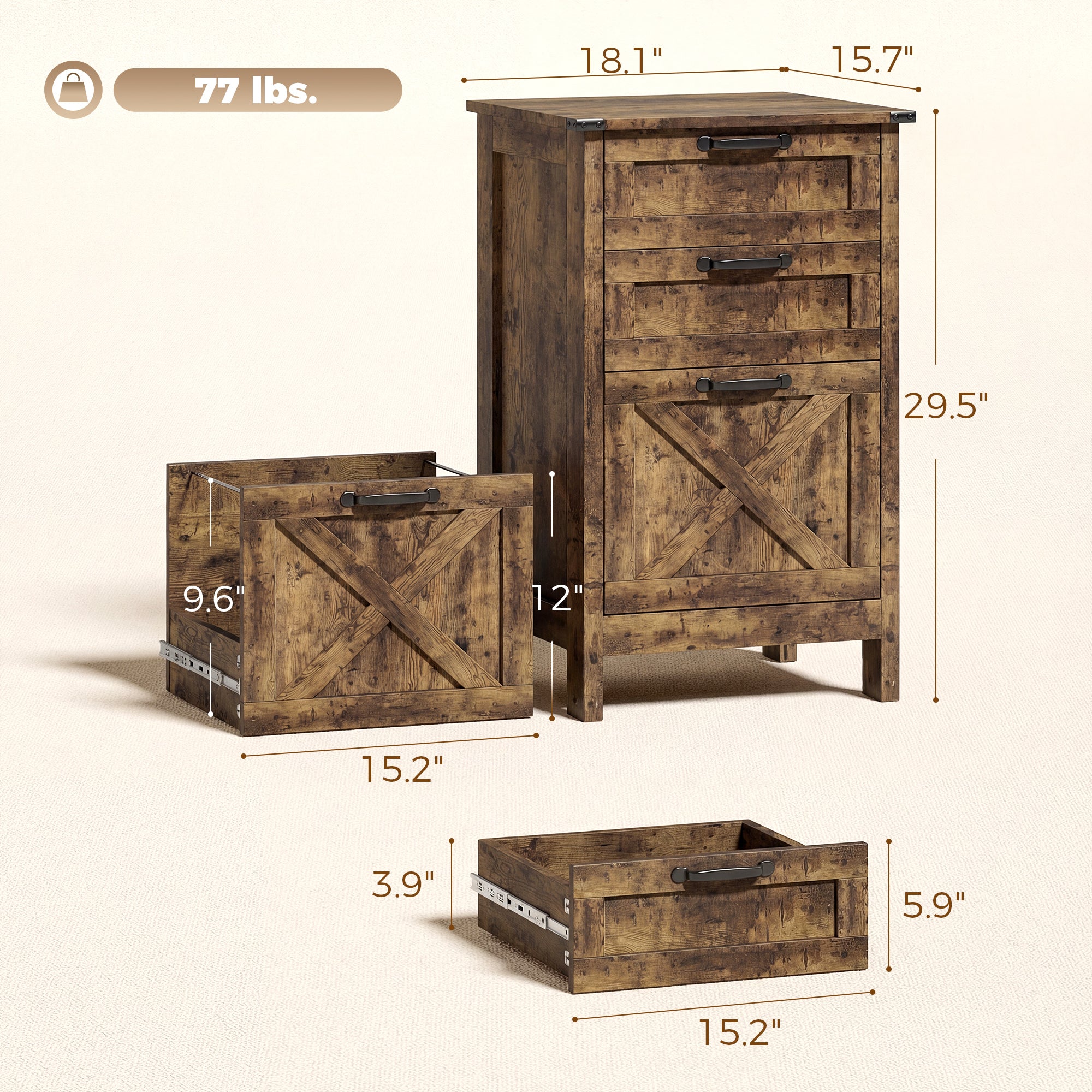 Vertical File Cabinet with 3 Drawers, Rustic Farmhouse Office Storage Cabinet for A4, Letter Size, Rustic Brown