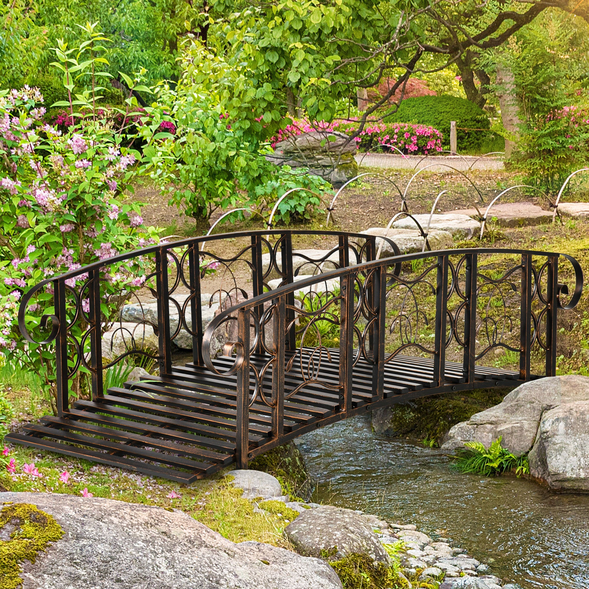 6' Metal Arch Backyard Garden Bridge with 660 lbs. Weight Capacity, Safety Siderails, Vine Motifs, Easy Assembly for Backyard Creek, Stream, Pond, Brown