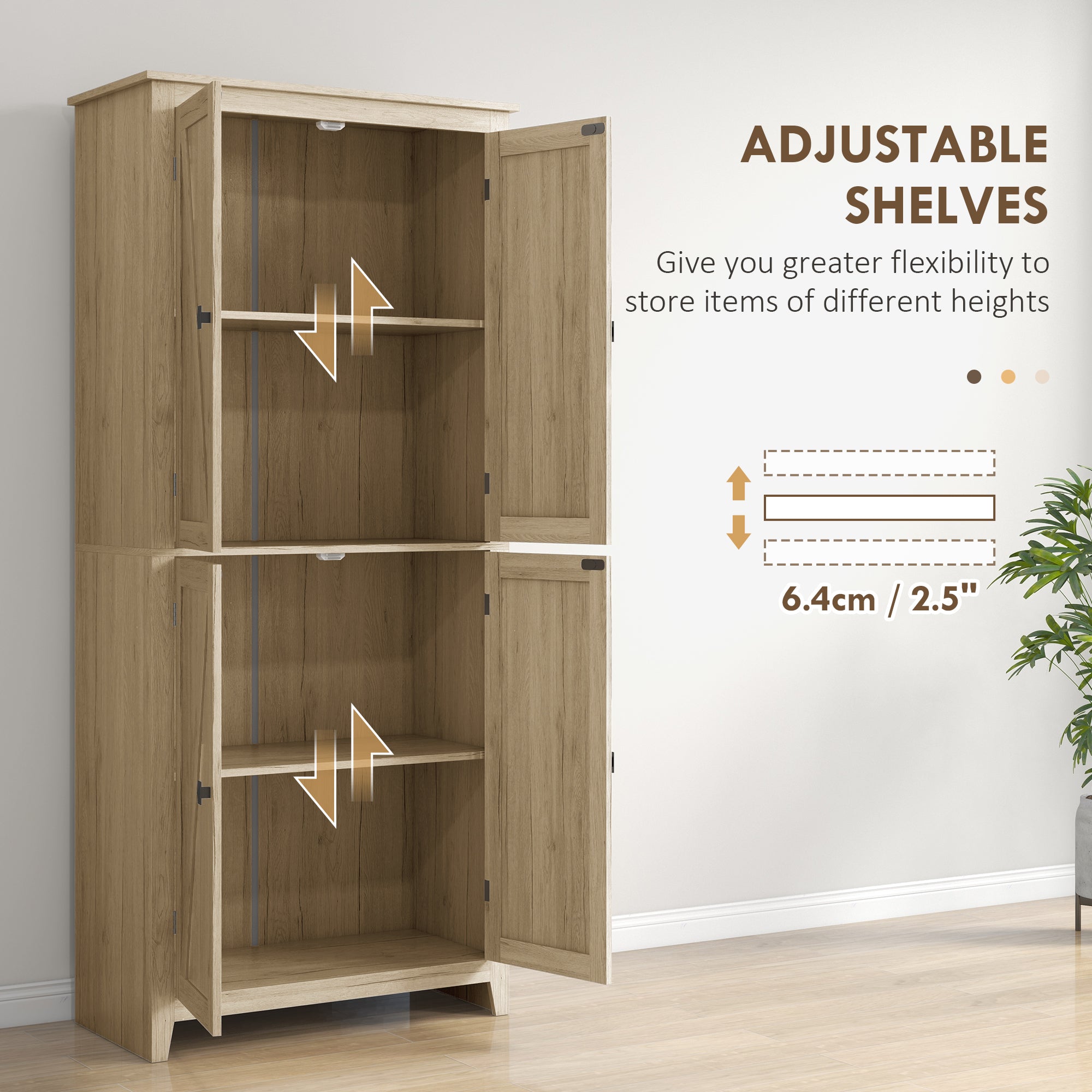 72" Freestanding Kitchen Pantry Cabinet, Farmhouse Tall Storage Cabinet with 4 Door Cabinets and Adjustable Shelves for Dining Room, Natural