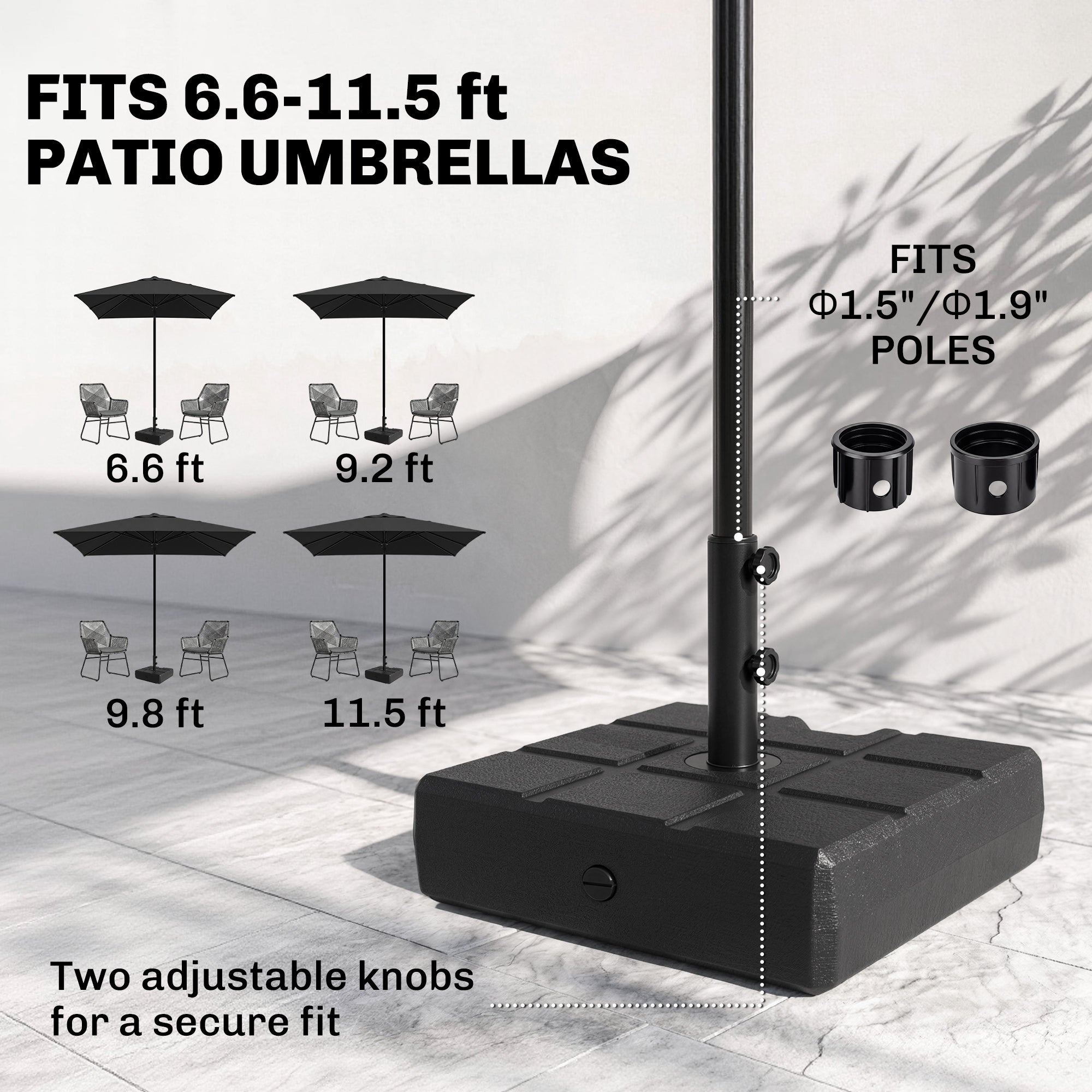 Umbrella Stand for 1.5", or 1.9" Umbrella Poles, Fillable Umbrella Base, Black