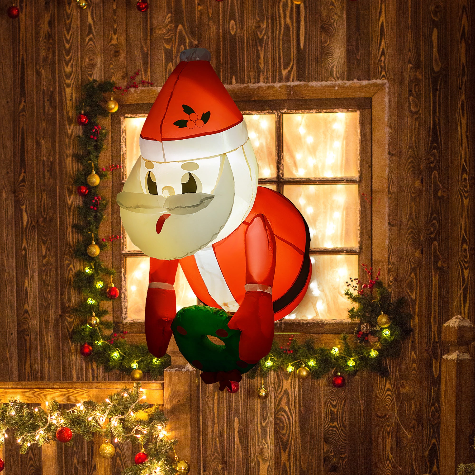 3.4' Inflatable Santa Claus Holding Wreath w/ LED Lights, Blow-Up Outdoor Hanging Display for Garden Party
