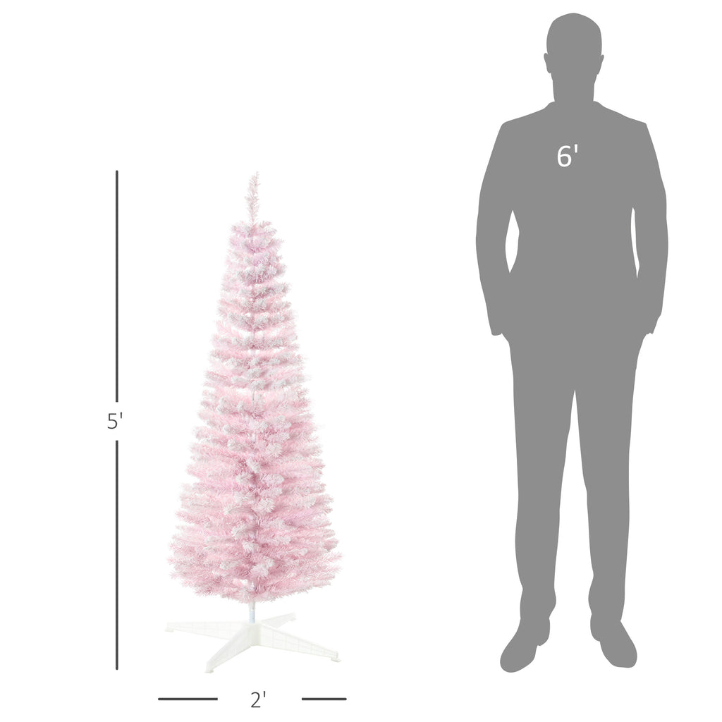 5' Decorated Christmas Tree Snow Flocked Artificial Christmas Tree with Pencil Shape, Realistic Branches, Pink