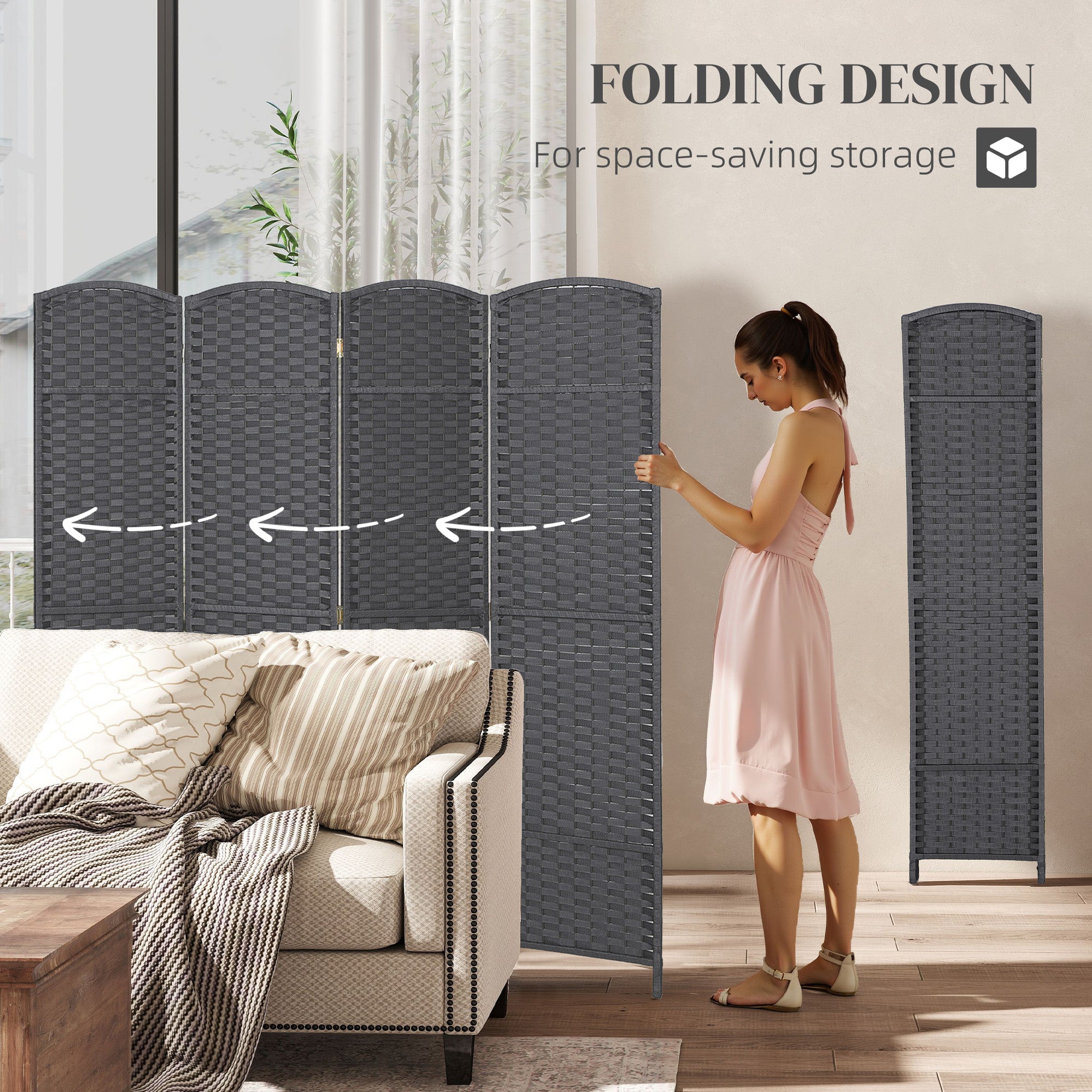 Folding Room Divider Screen 4 Panel 5.6 ' Tall Privacy Screen Freestanding Room Partition for Home Office, Charcoal Gray
